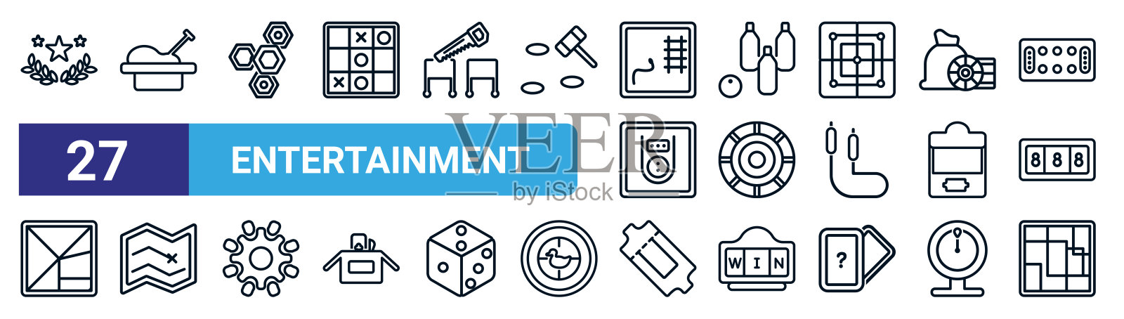 一套27个细线娱乐图标，如荣耀，沙盒，游戏与六边形，瓶子球，游戏芯片，棋盘游戏地图，金票，棋盘块矢量图标用于移动应用程序，网页设计。图标素材