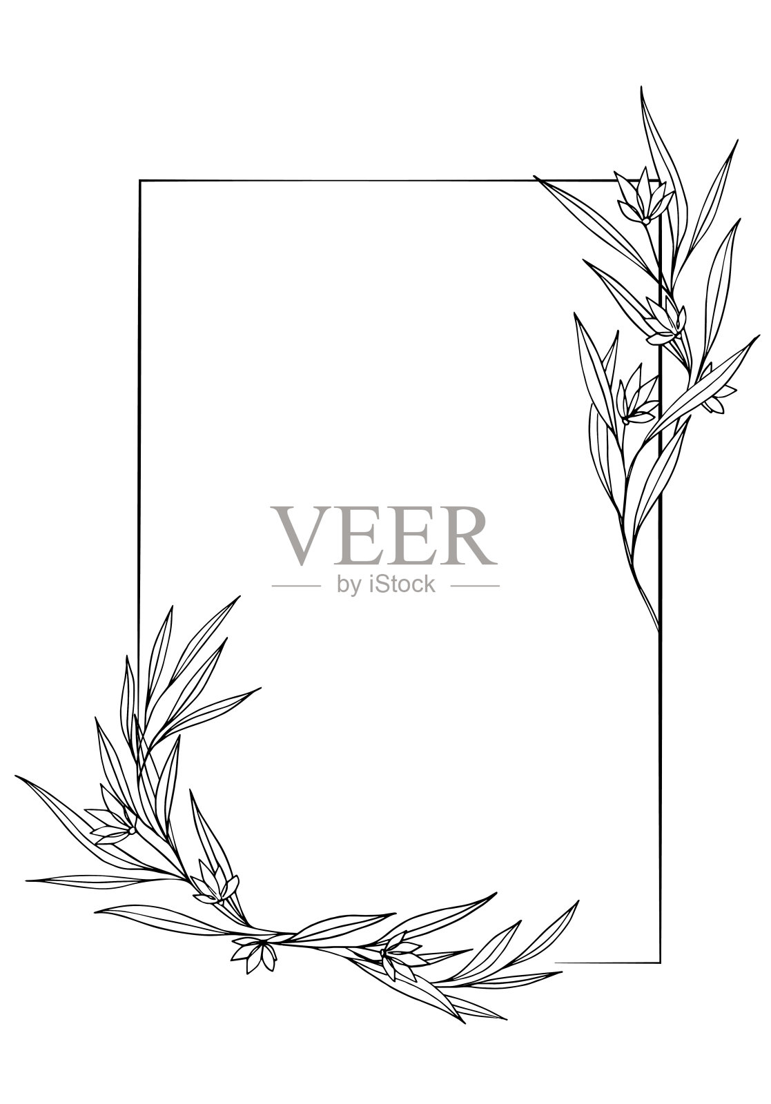 方形花卉框架，装饰野花，树叶和花朵，轮廓。手绘黑白矢量插图婚礼邀请和卡片，标志设计和海报模板，纹身插画图片素材