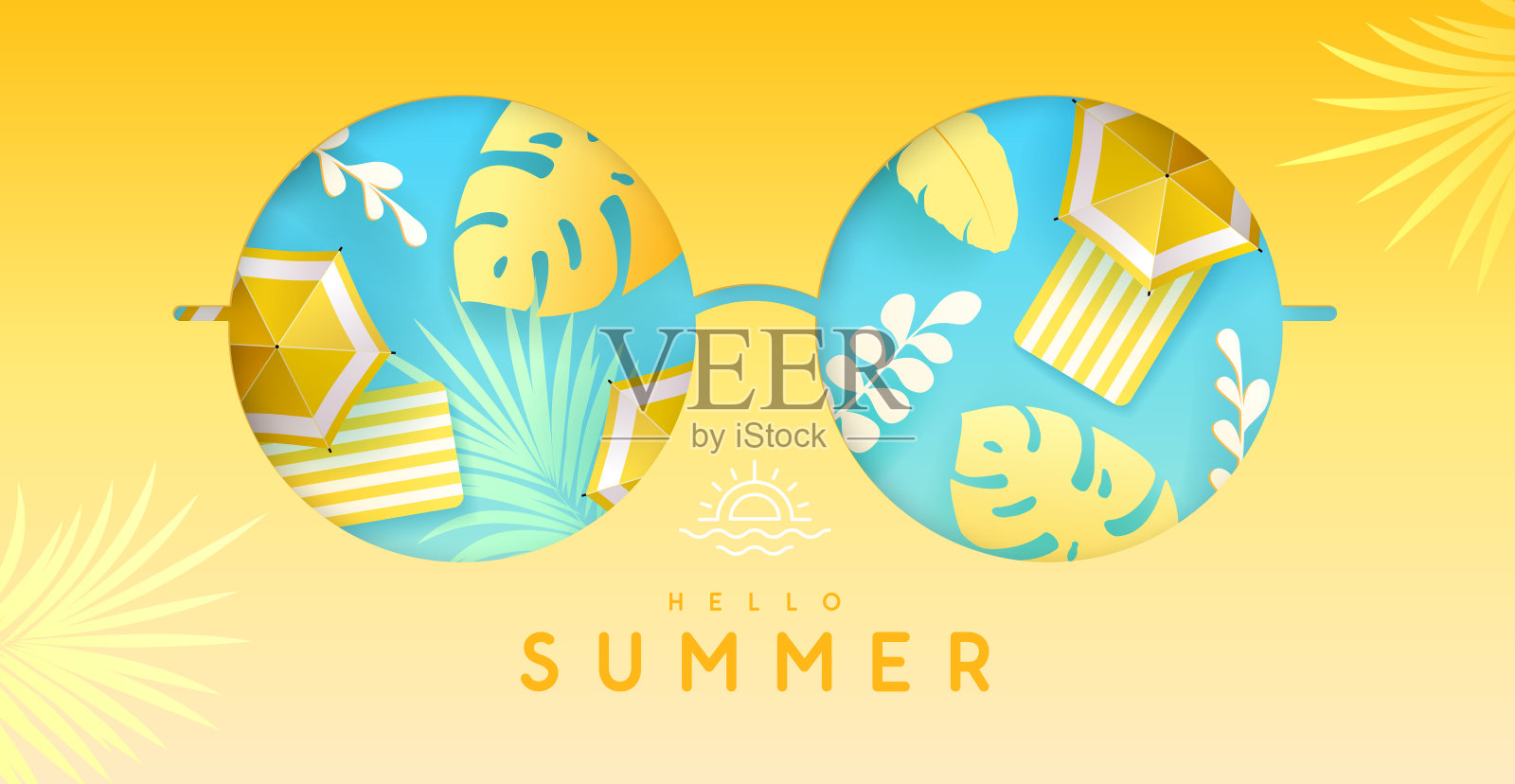 剪纸圆形太阳镜与沙滩伞和热带树叶剪影。矢量插图。插画图片素材