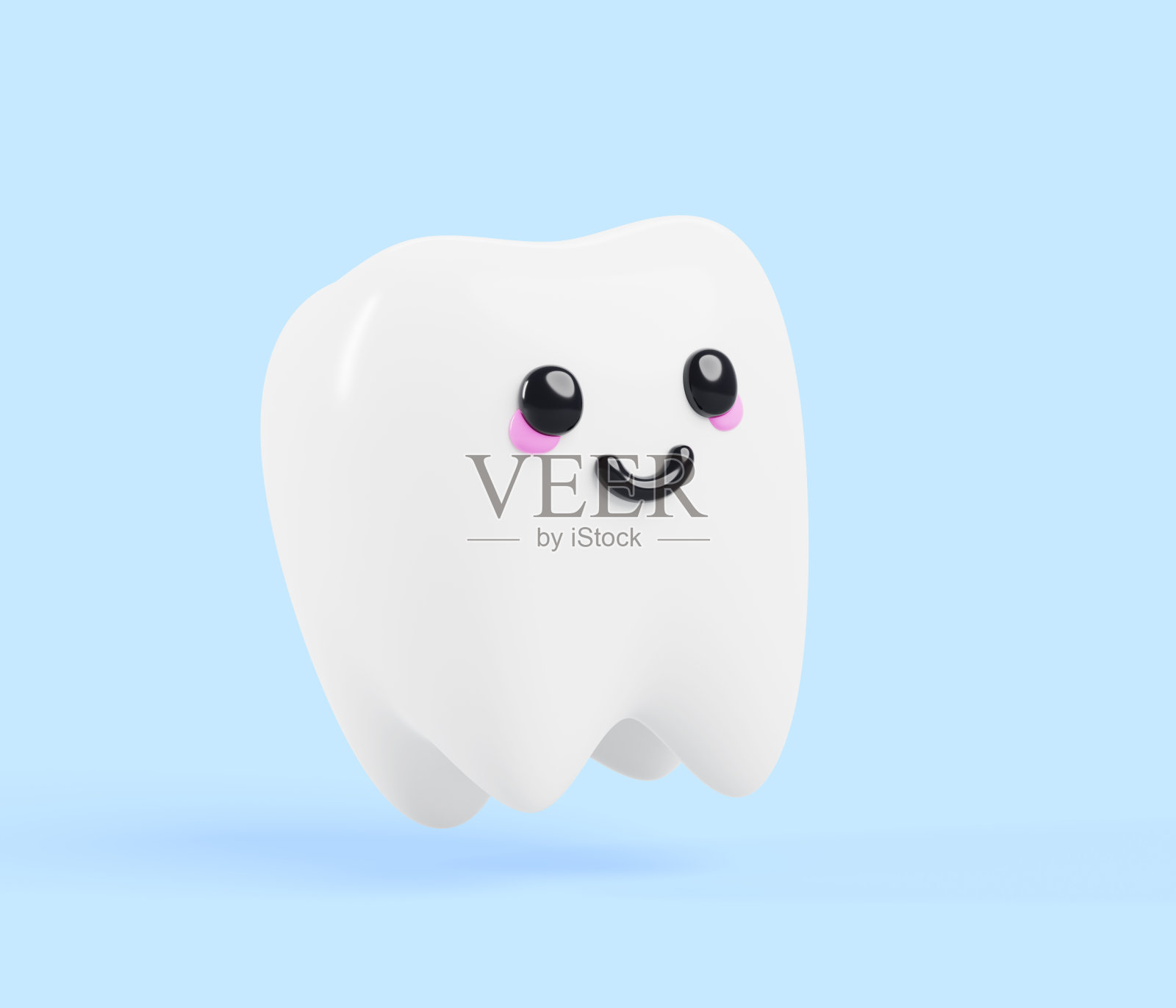 牙齿卡通卡哇伊人物与笑脸3d渲染图标。健康干净的牙科人士，可爱快乐的牙齿隔离在蓝色背景。口腔卫生和牙科保健照片摄影图片