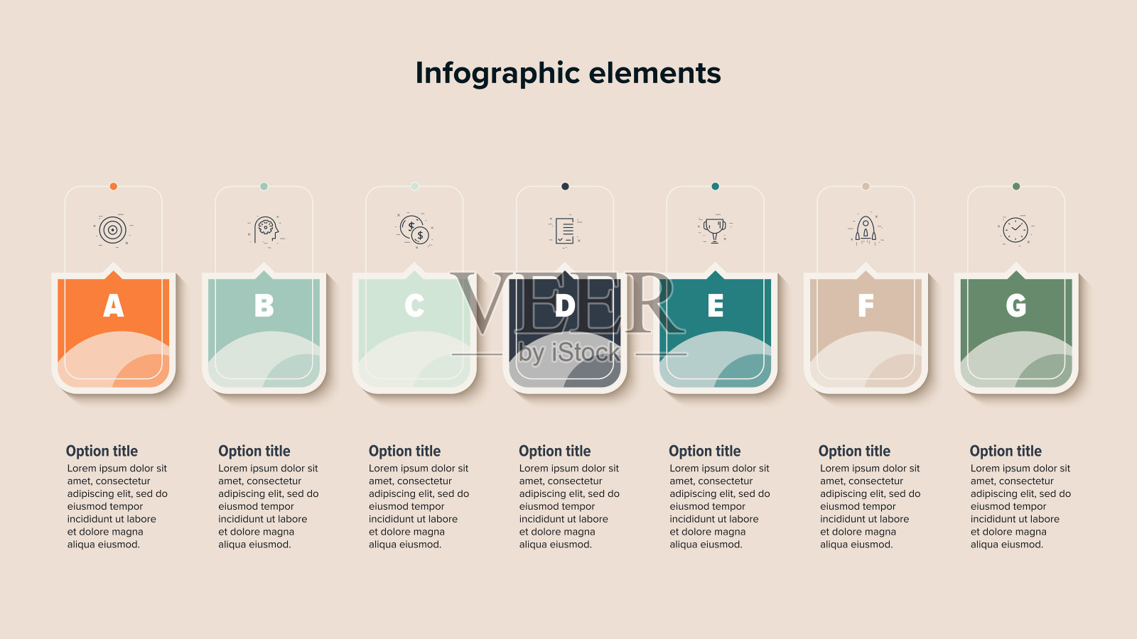 业务流程图信息图，有7个步骤正方形。矩形工作流图形元素。公司流程图演示幻灯片。平面设计中的矢量信息图形插画图片素材