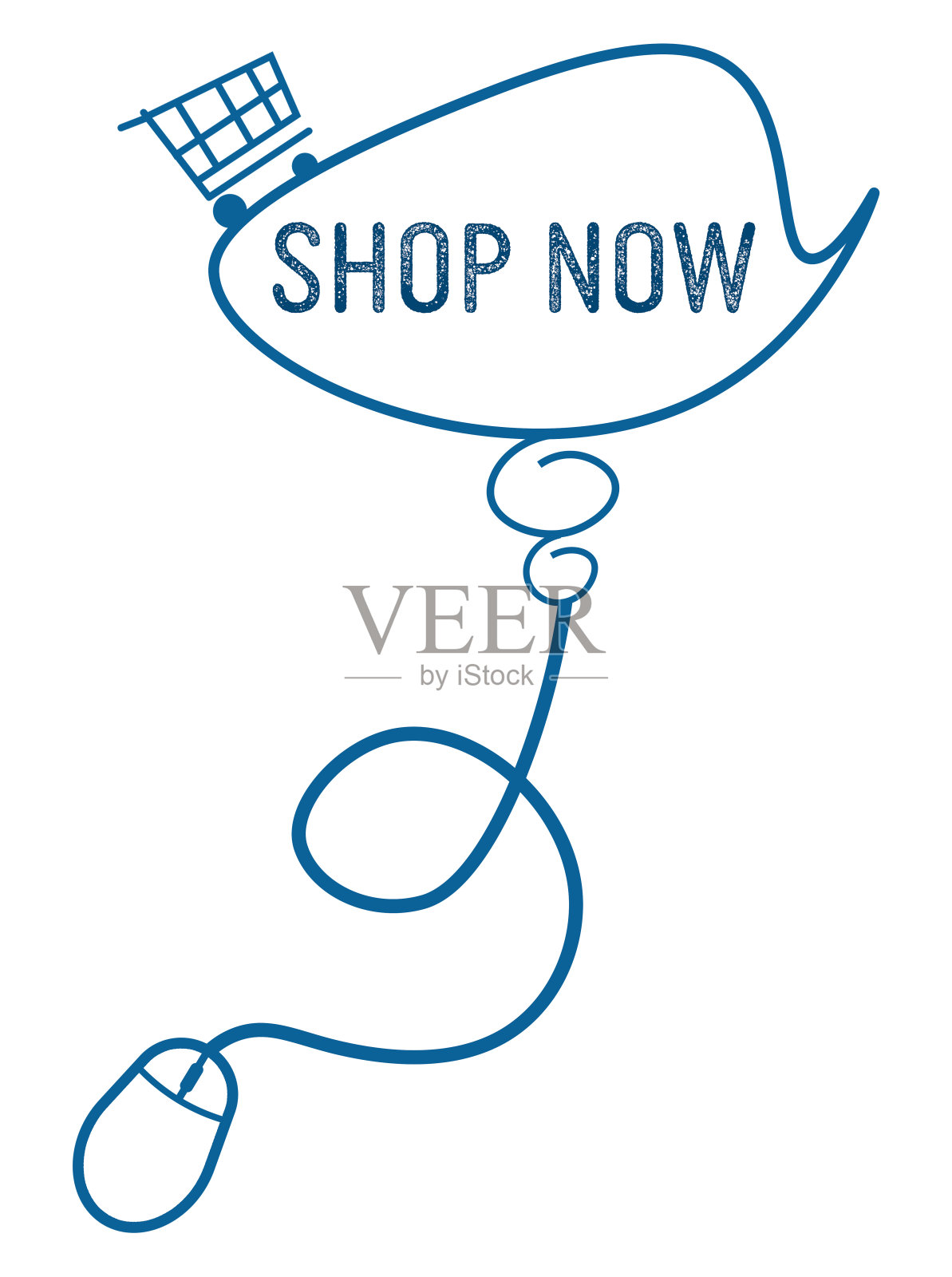 现在购物电脑鼠标蓝色购物车文字泡沫插画图片素材