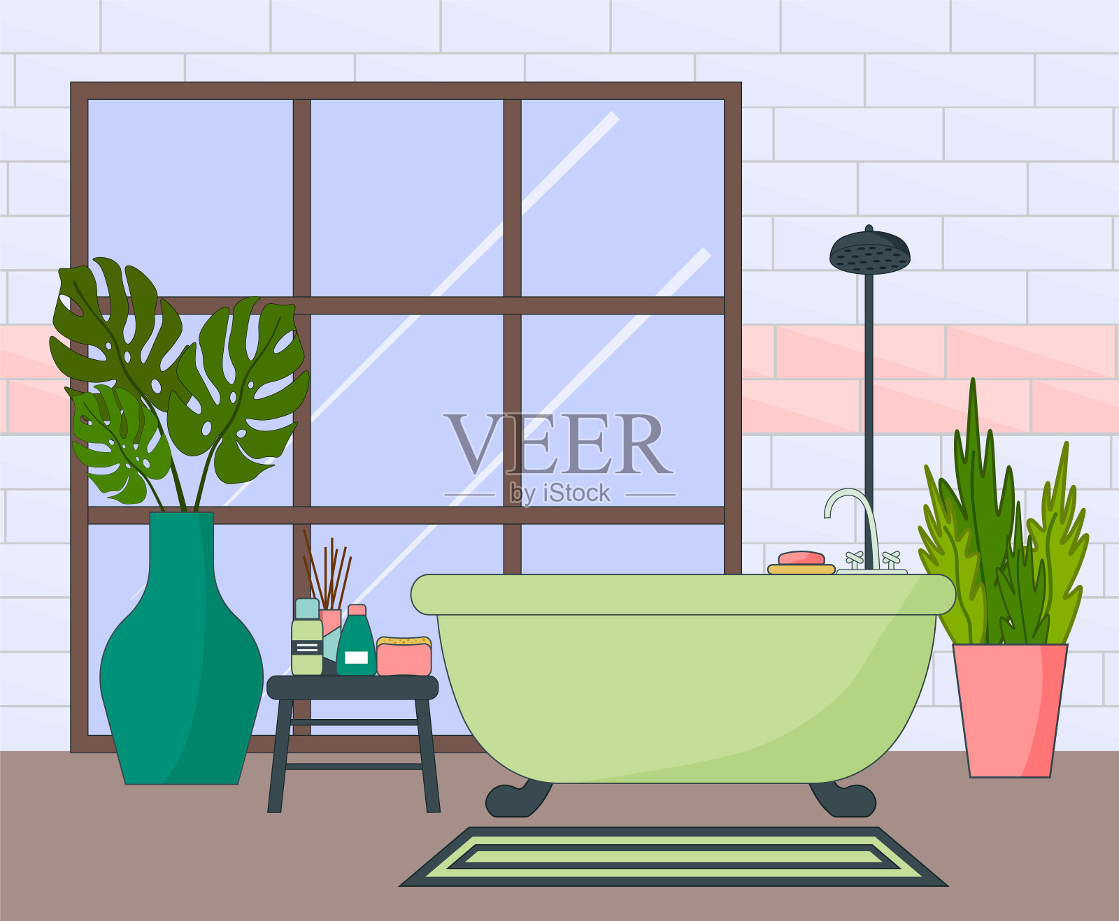 有大窗户的浴室插图。浴室，淋浴产品，植物和一个凳子。插画图片素材