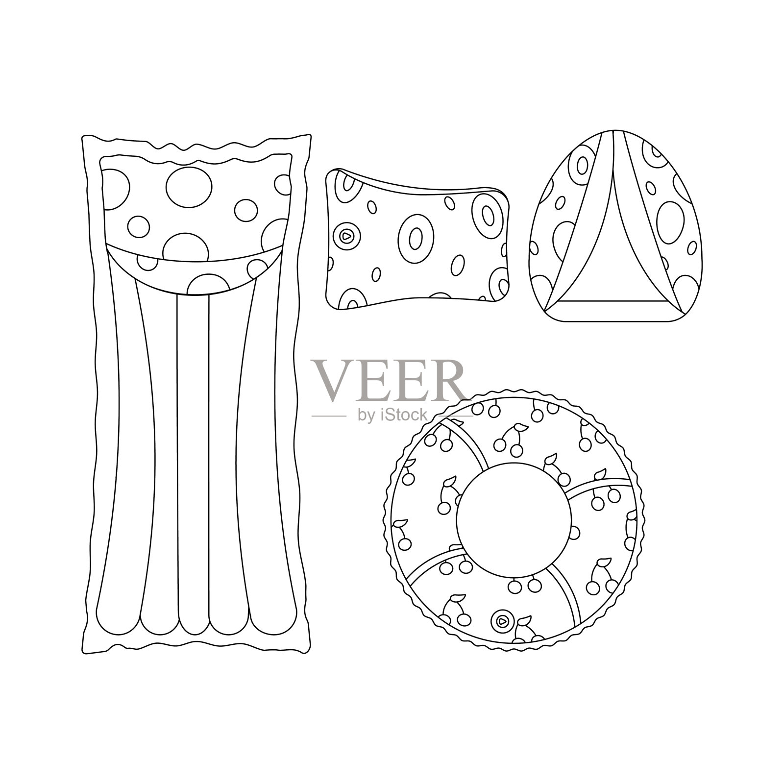 充气袖口，浮子，充气圈，床垫。夏季旅行的海滩。海上度假的度假配件。线的艺术。插画图片素材