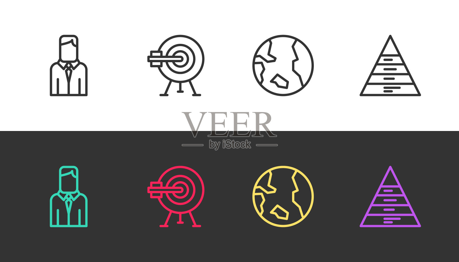 设置线工人，目标与箭头，地球和金字塔图表信息图在黑色和白色。向量插画图片素材