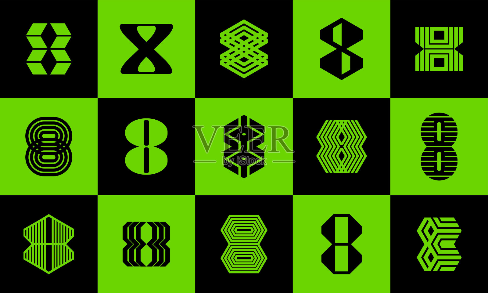 一组几何线8号图标设计。现代动态8号品牌模板包。插画图片素材