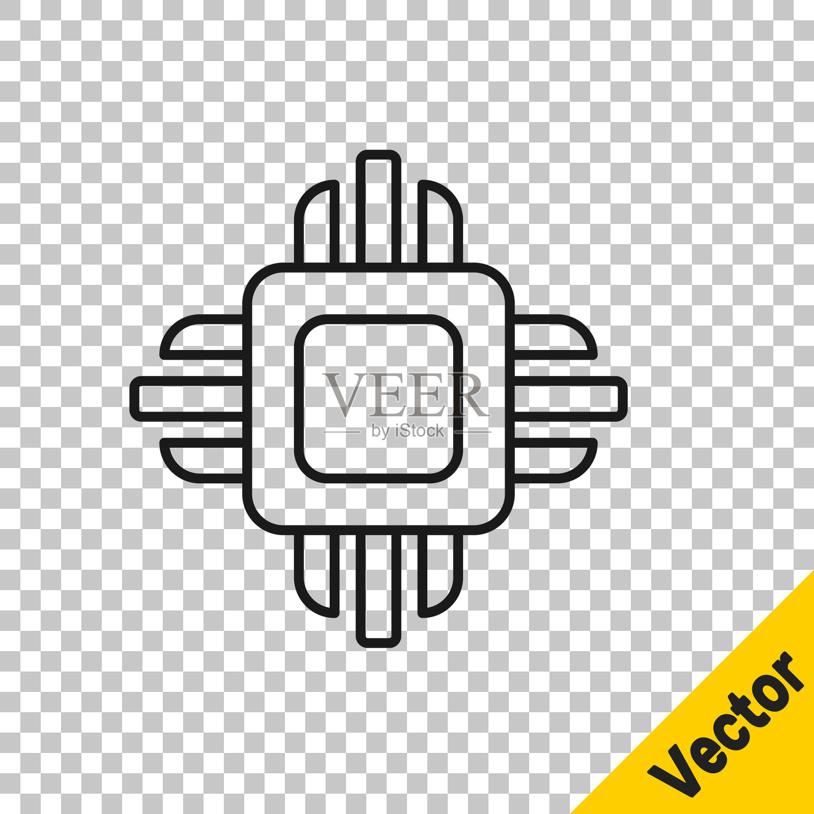 黑线计算机处理器与微电路CPU图标隔离在透明背景。带电路板的芯片或cpu。微处理器。向量图标素材