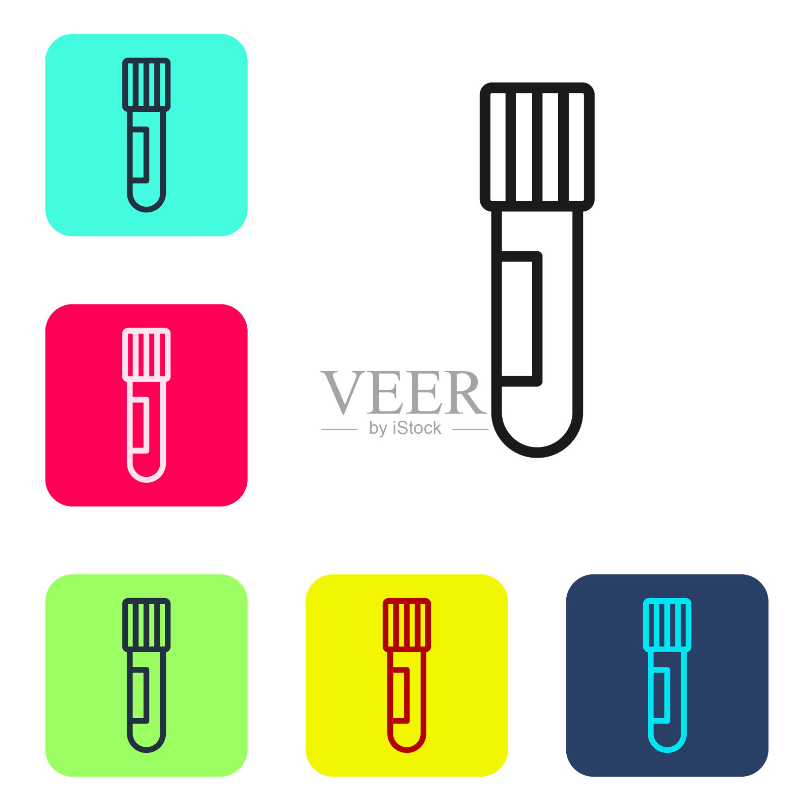 白色背景上隔离的试管和烧瓶化学实验室测试图标。实验室玻璃器皿标志。设置图标为彩色方形按钮。向量图标素材