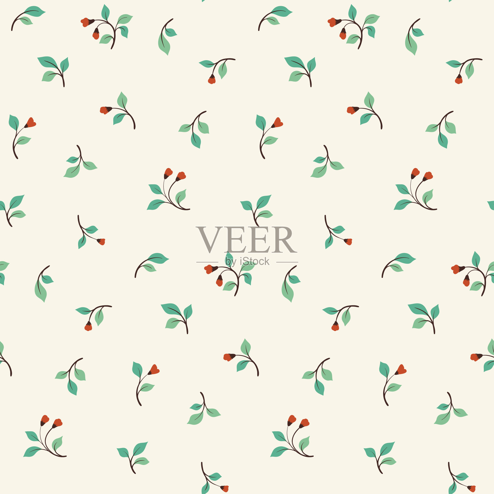 无缝花卉图案，民间瓷砖与小树枝在一个白色的背景。矢量插图。插画图片素材