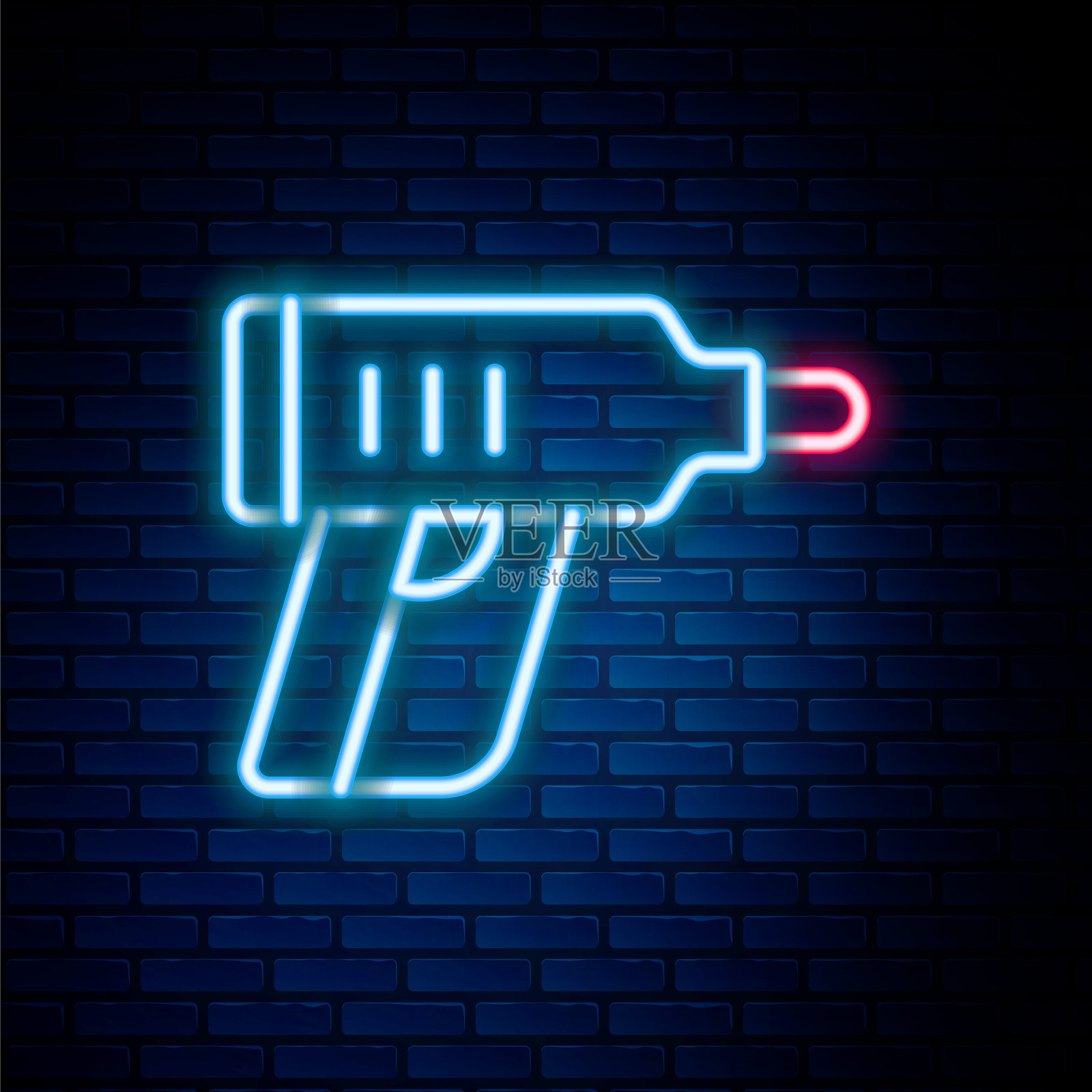 砖墙背景上的电动螺丝刀霓虹灯线插画图片素材