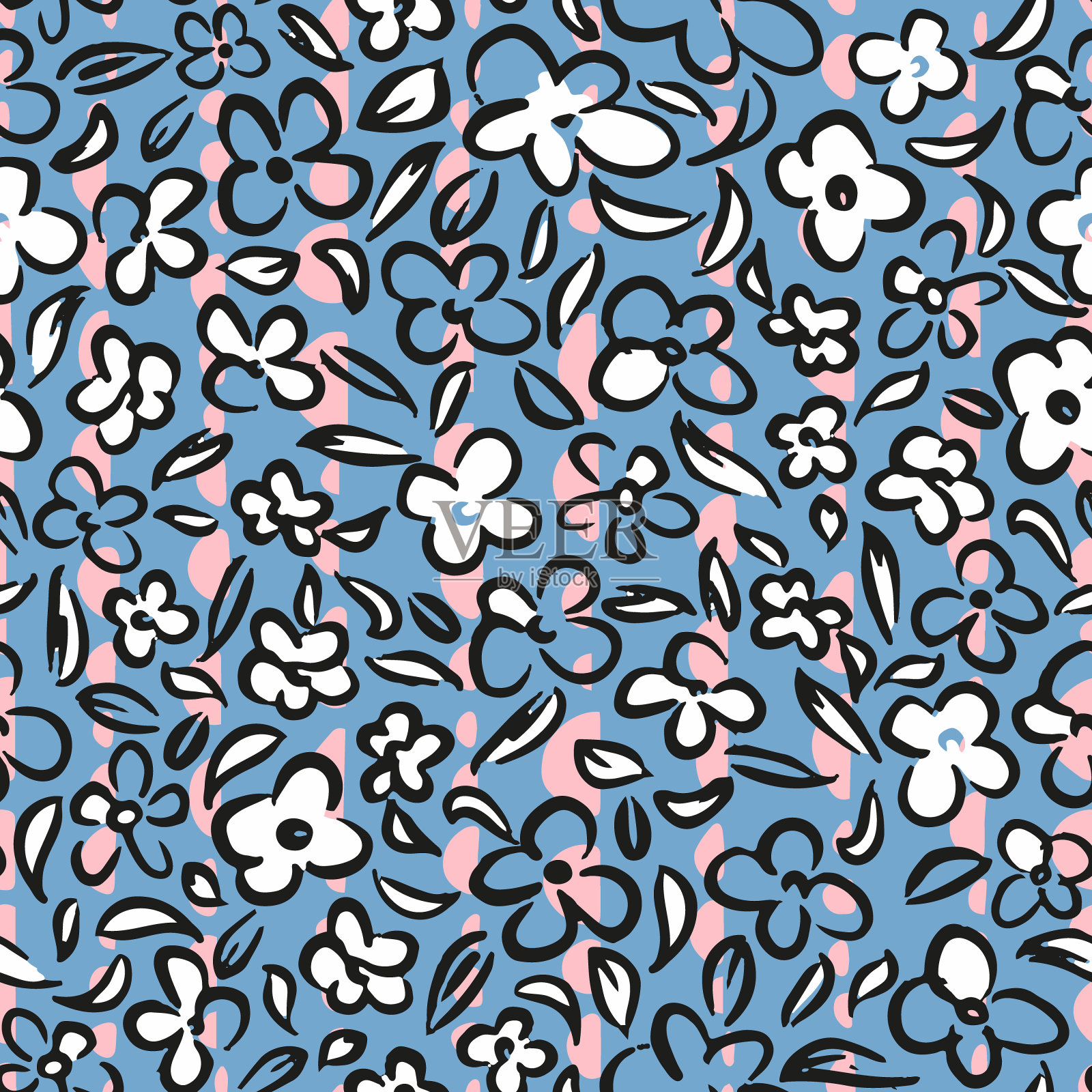 花与叶在几何形状的背景无缝重复模式。插画图片素材