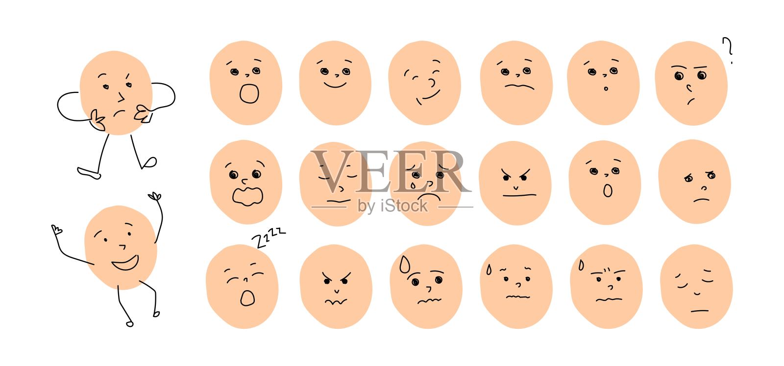 各种情绪的卡通人脸。孩子们面对插图有着不同的感受。人们的面部表情。情感图标。插画图片素材
