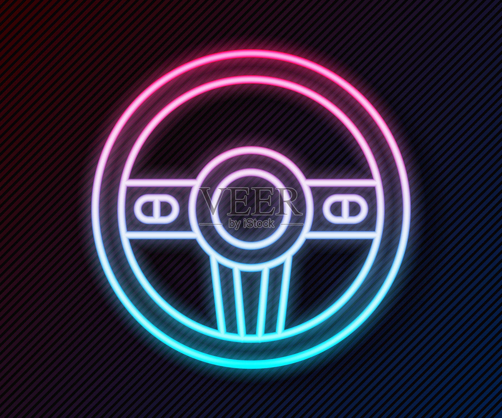 发光的霓虹灯线方向盘图标孤立的黑色背景。车轮图标。向量插画图片素材