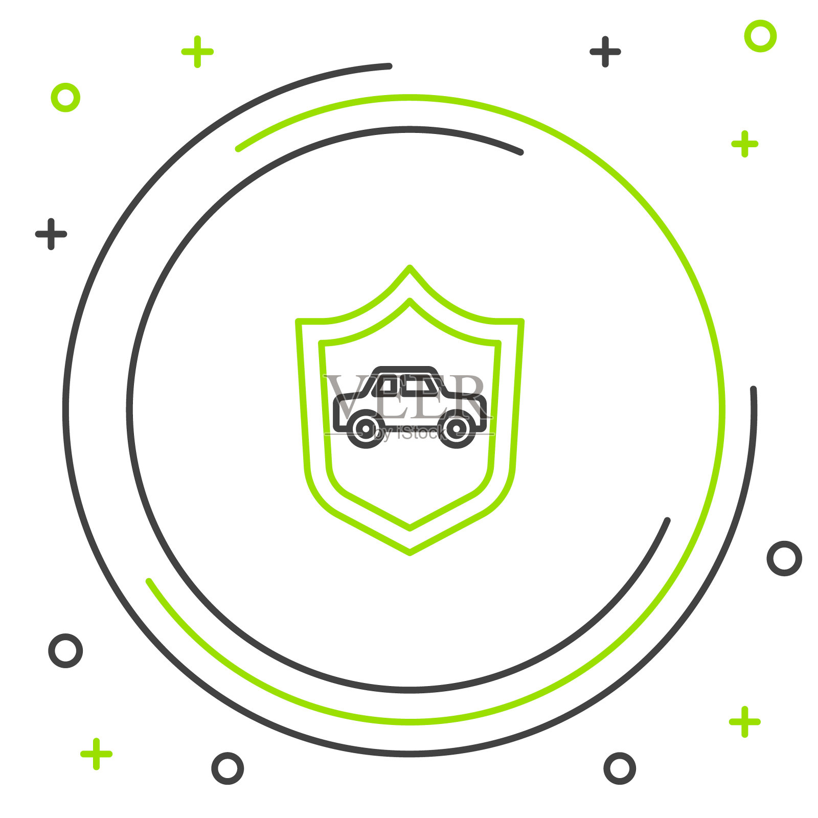 线车与屏蔽图标隔离在白色背景。保险的概念。安全、安全、保护、保护的理念。色彩缤纷的轮廓概念。向量插画图片素材