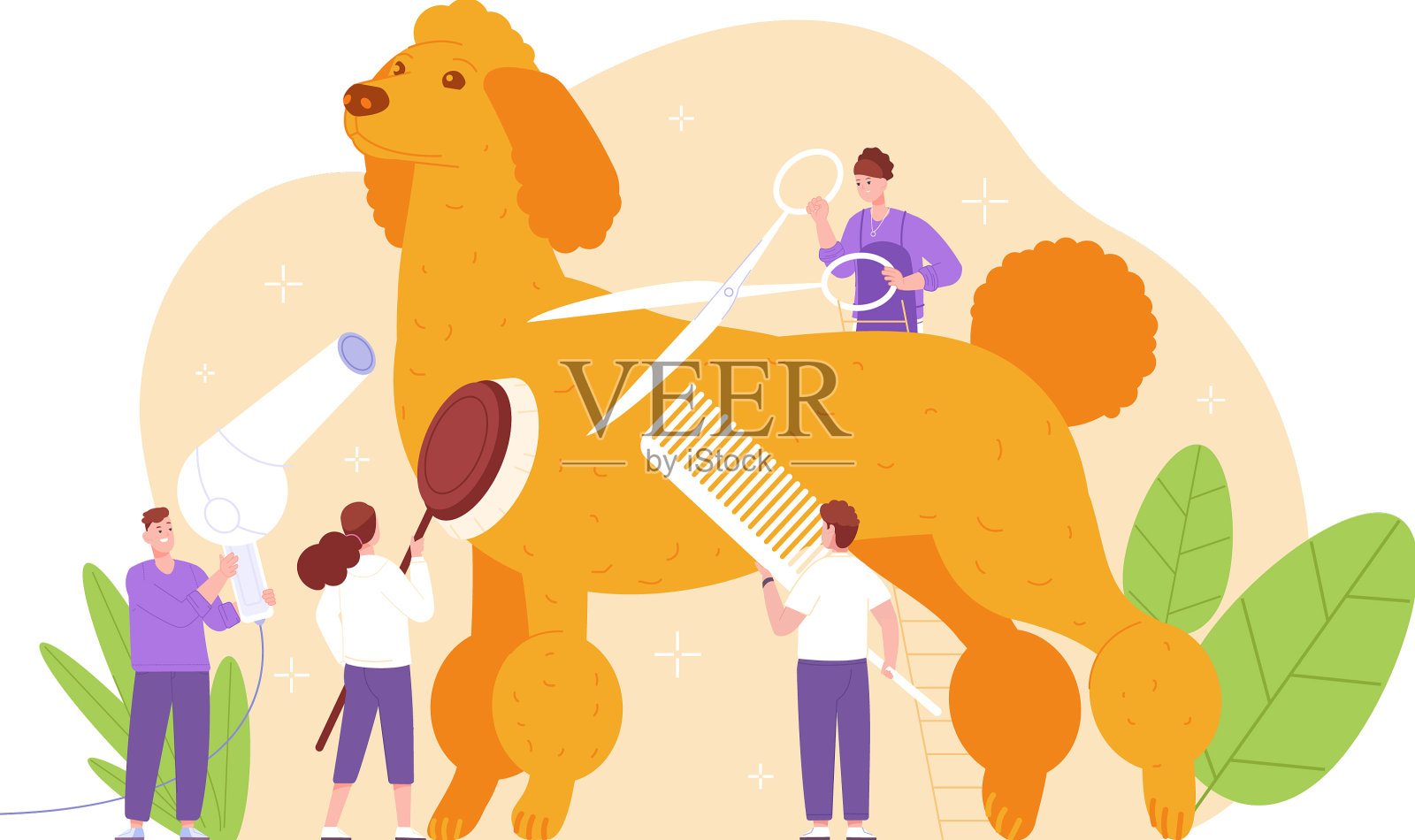 人们给小狗梳理毛发的小美容师或美发师设计元素图片