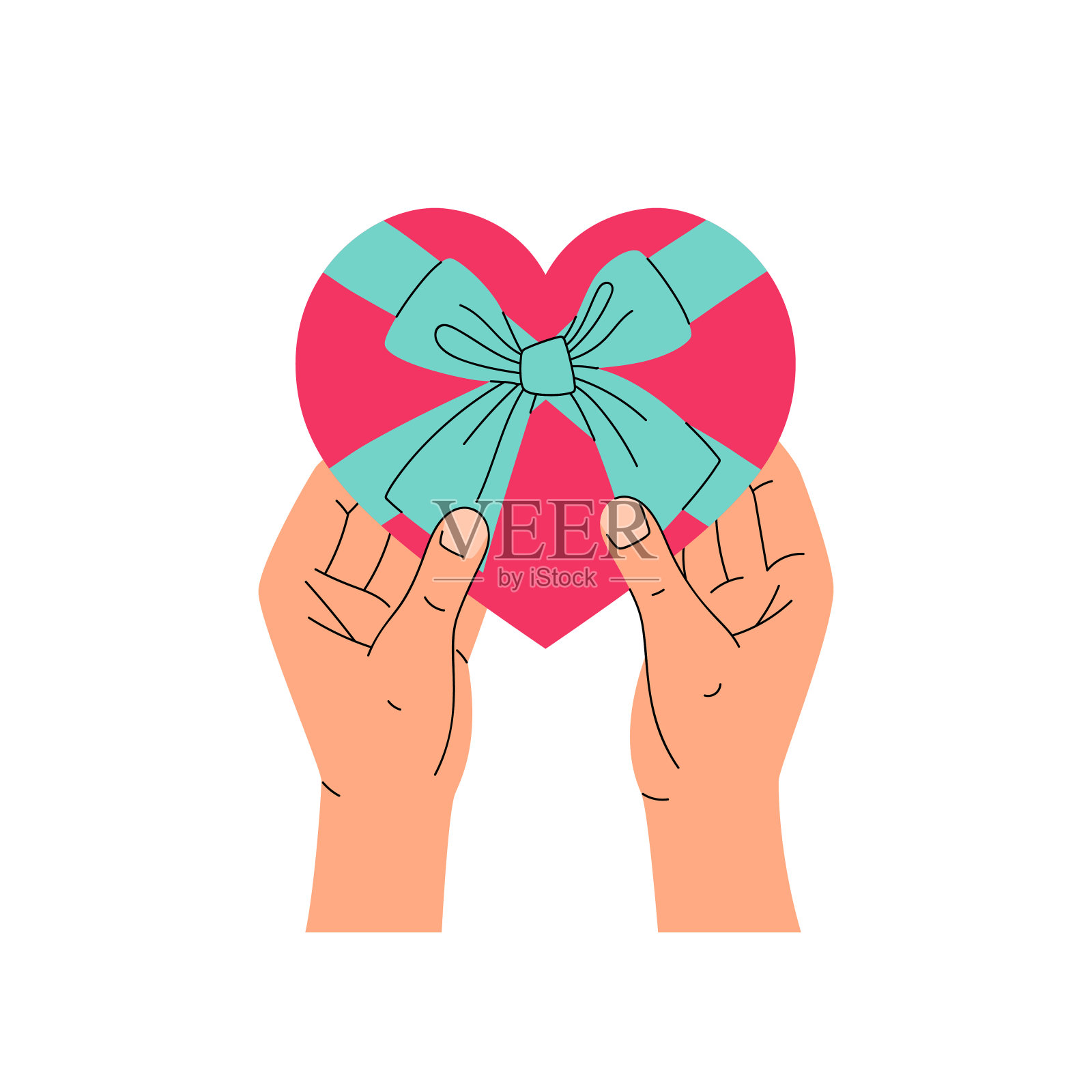 礼物：手捧带蝴蝶结的爱心，情人节主题矢量插画插画图片素材
