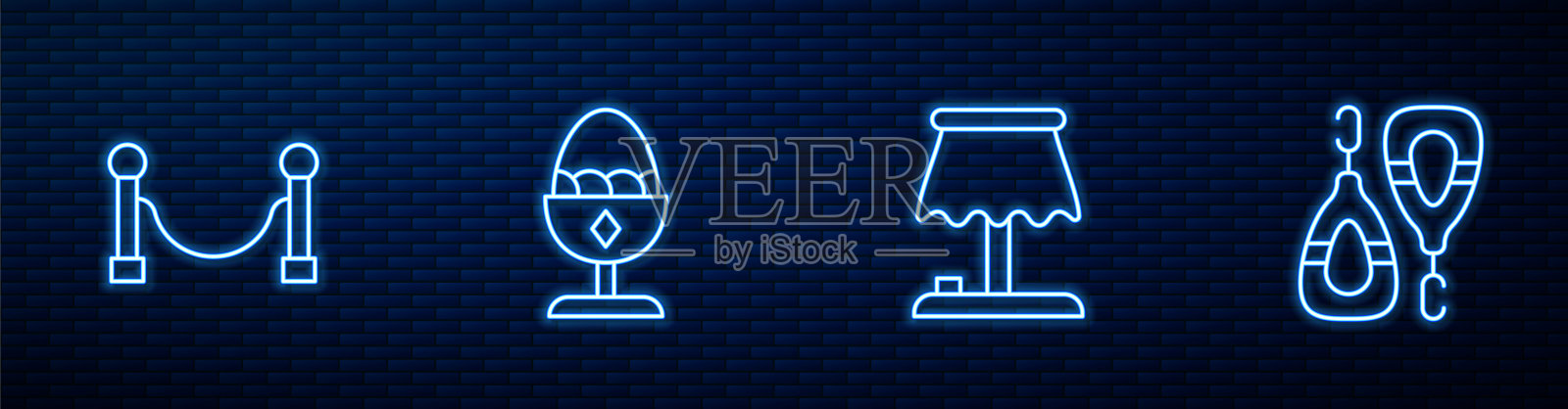集线台灯，绳障，鸡蛋架，耳环。砖墙上发光的霓虹灯图标。向量图标素材