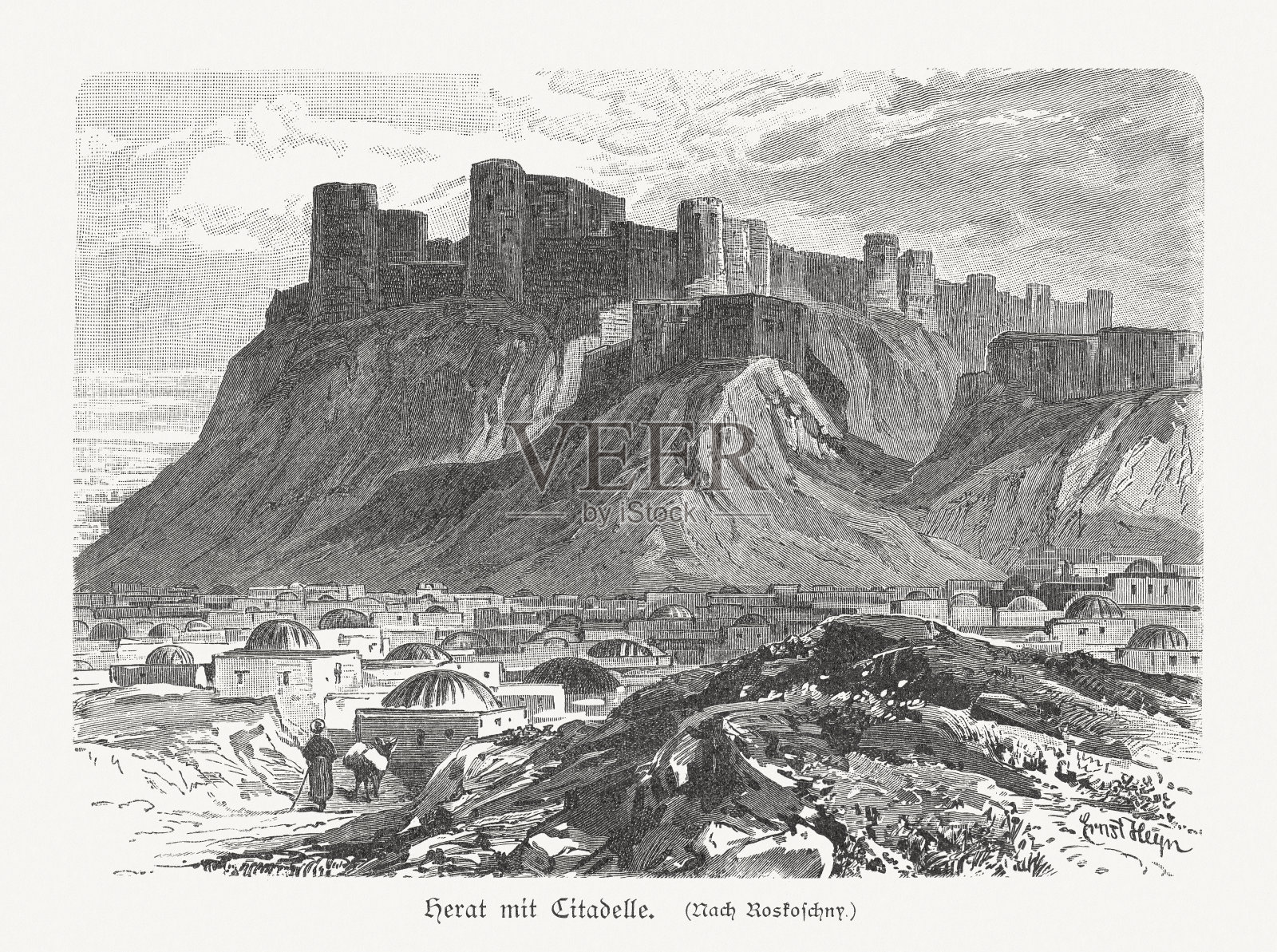 赫拉特与城堡(Qala Iktyaruddin)，阿富汗，木刻，1897年出版插画图片素材