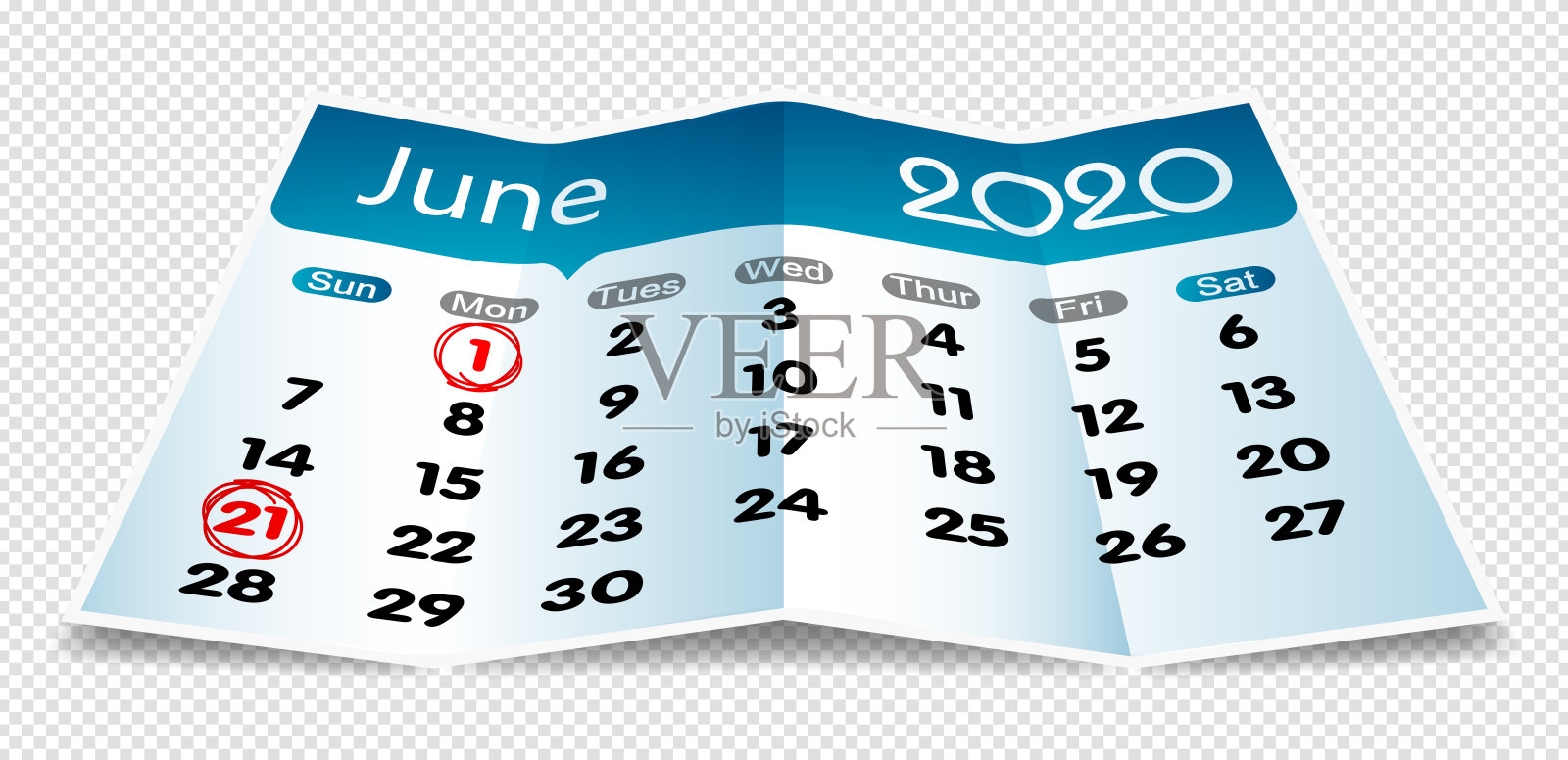 矢量2020年6月日历上折叠纸孤立插画图片素材