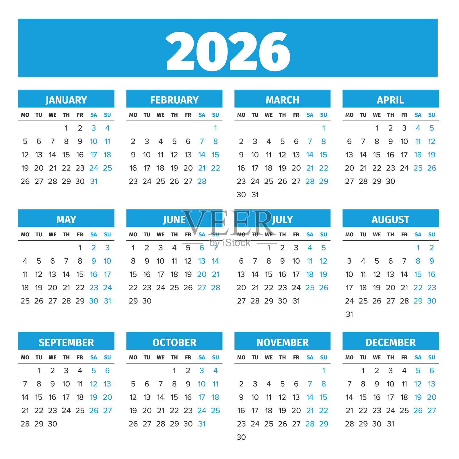 2026简单的矢量日历。一周从周一开始插画图片素材