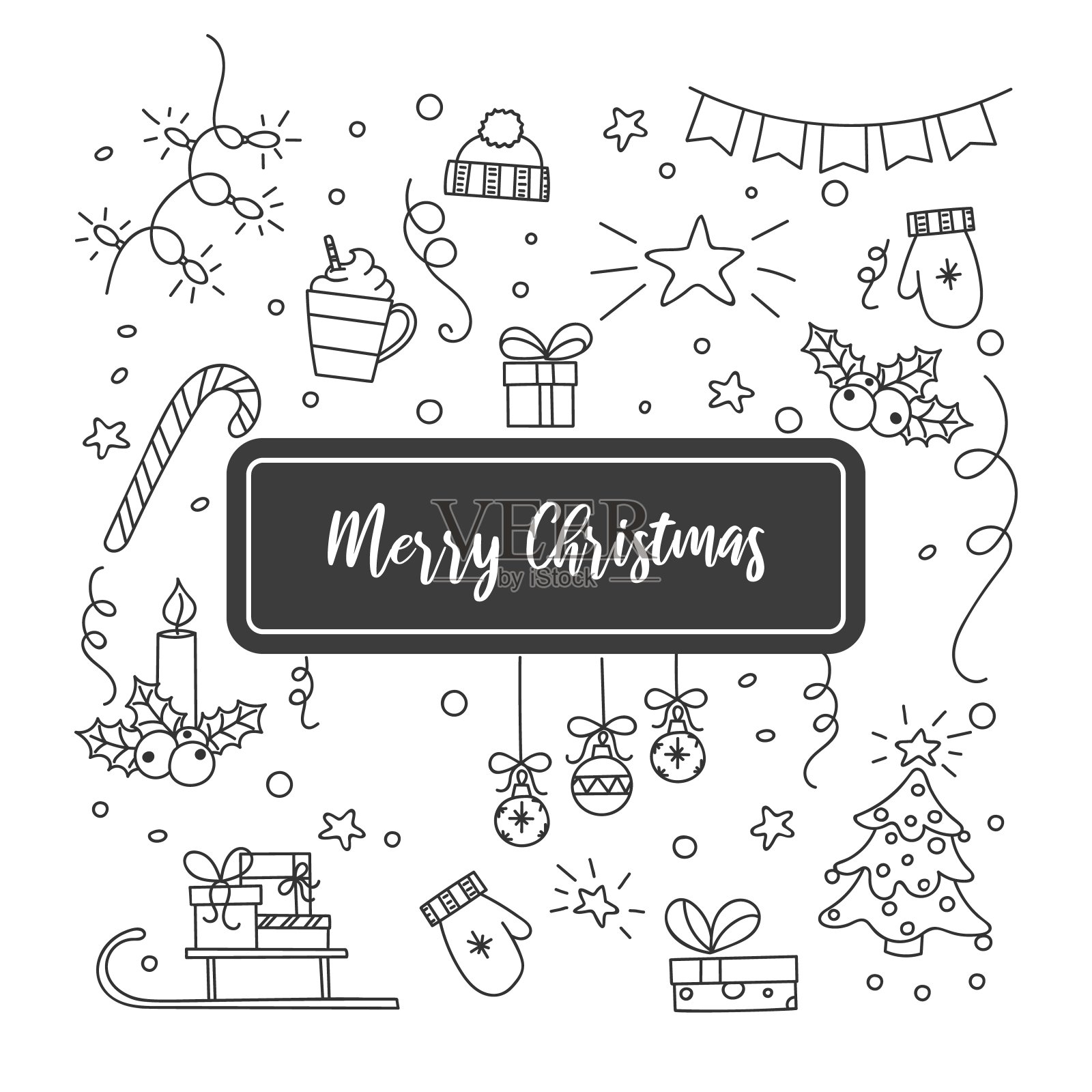 圣诞和新年设计在涂鸦风格。手绘假日矢量集合。卡通插图。冬天的明信片。矢量元素孤立在白色背景。插画图片素材