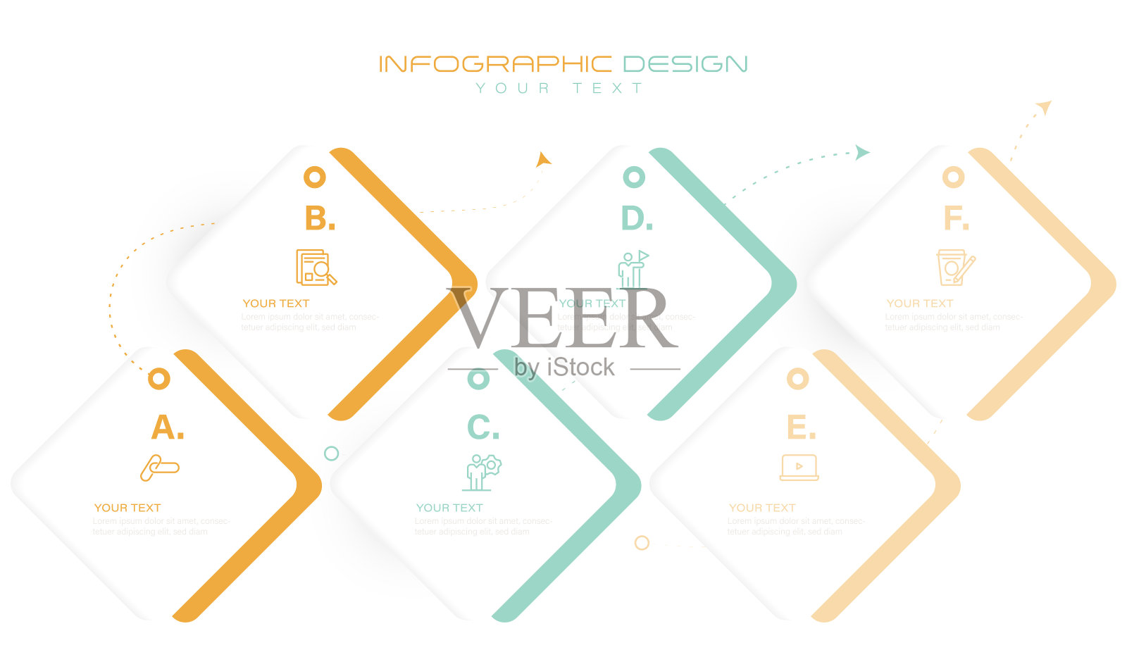 矢量信息图形设计业务模板与图标和6个选项或步骤。可用于流程图，演示文稿，工作流程布局，横幅，流程图，信息图股票插图。插画图片素材