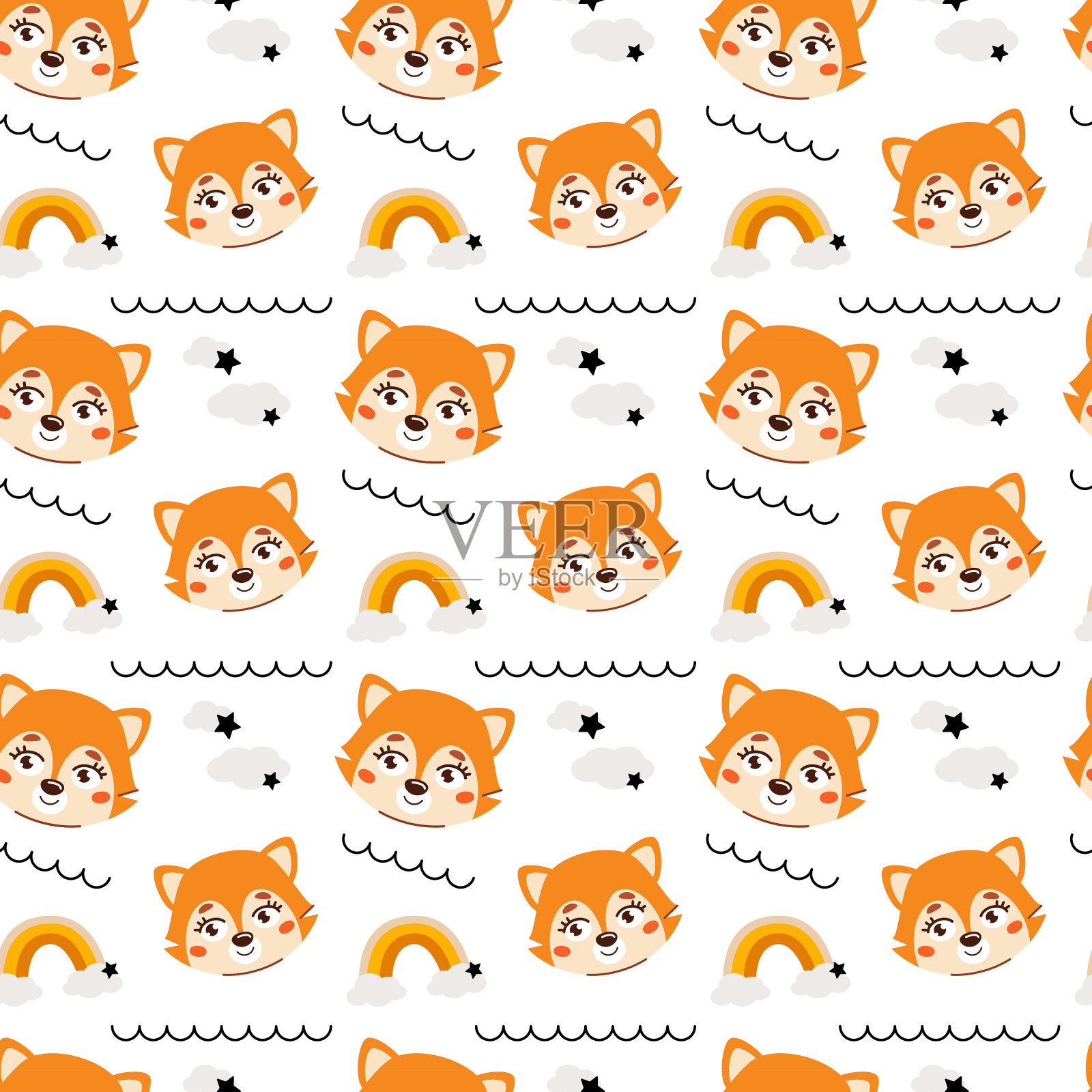 可爱的孩子无缝动物图案。云中狮仔的图案。在织物、纸张和图案上印刷。矢量图插画图片素材