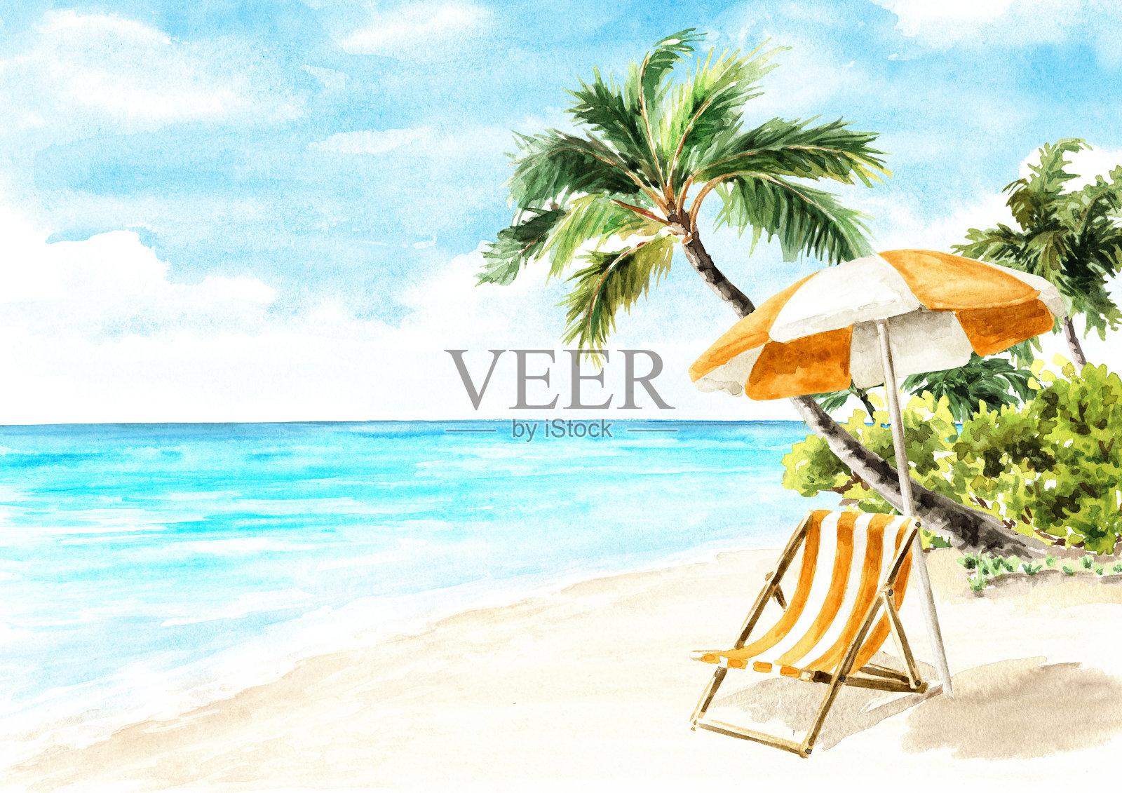 海边沙滩上的沙滩椅和遮阳伞，暑假背景概念手绘水彩插图与复制空间插画图片素材