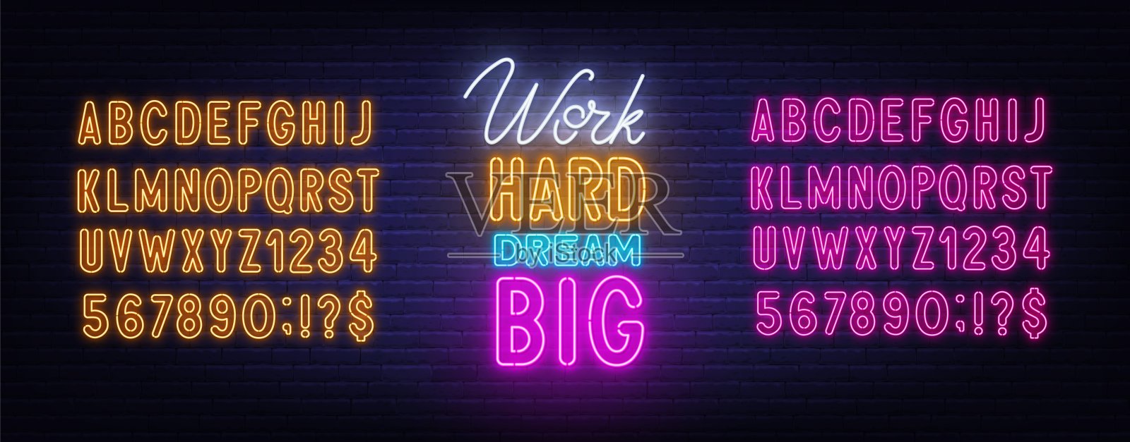 砖墙背景上的大霓虹字。插画图片素材
