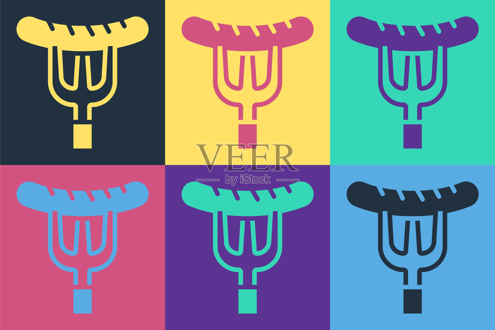 波普艺术香肠上叉图标孤立的彩色背景。烤香肠和香气招牌。向量插画图片素材