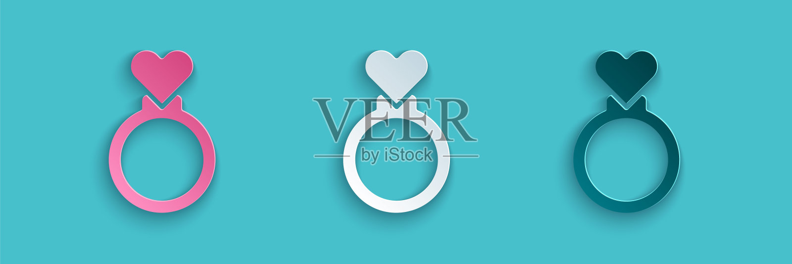 剪纸结婚戒指图标孤立的蓝色背景。新郎新娘珠宝招牌。婚姻的象征。钻石戒指。纸艺风格。向量插画图片素材