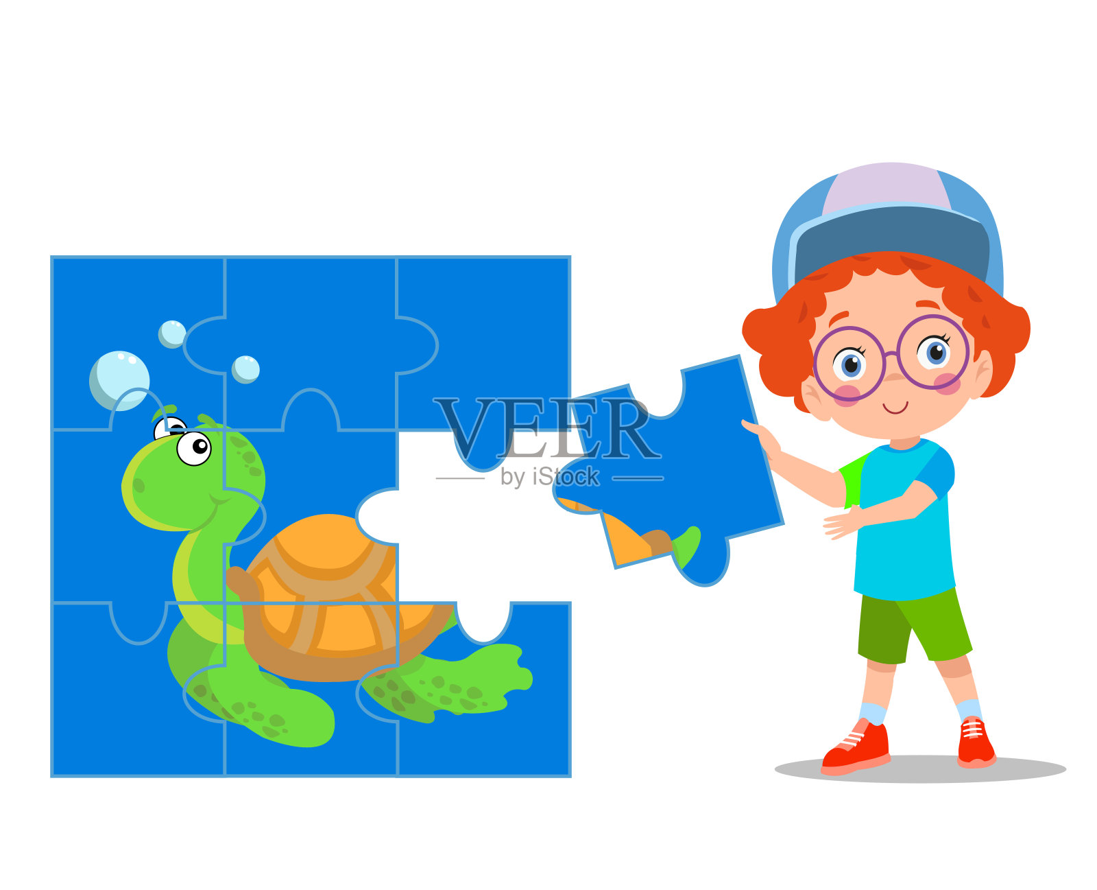 快乐可爱的小朋友玩拼图游戏插画图片素材