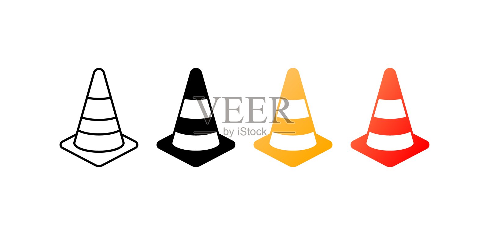 锥形交通路标。不同的风格，颜色，集图标与交通锥，特殊设备，限制旅行。矢量图标。图标素材