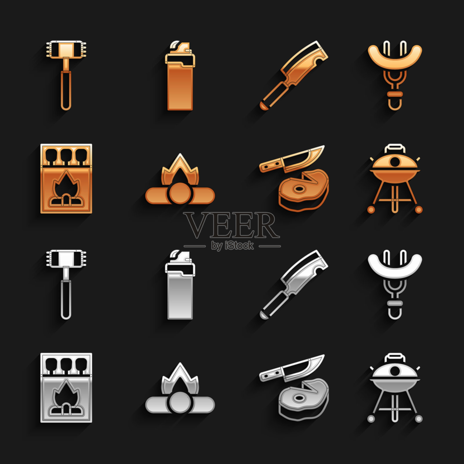 设置篝火，香肠上的叉子，烧烤架，牛排肉和刀，火柴盒火柴，肉斩，厨房锤子和打火机图标。向量图标素材