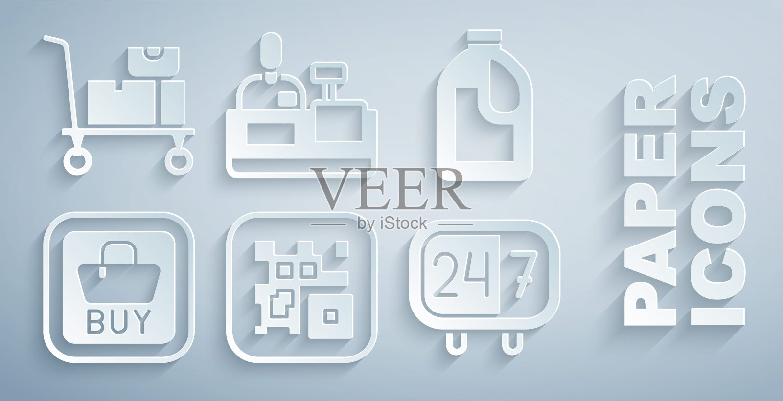 设置二维码，清洗剂瓶，购买按钮，24小时时钟，收银台收银，手推车和箱子图标。向量图标素材