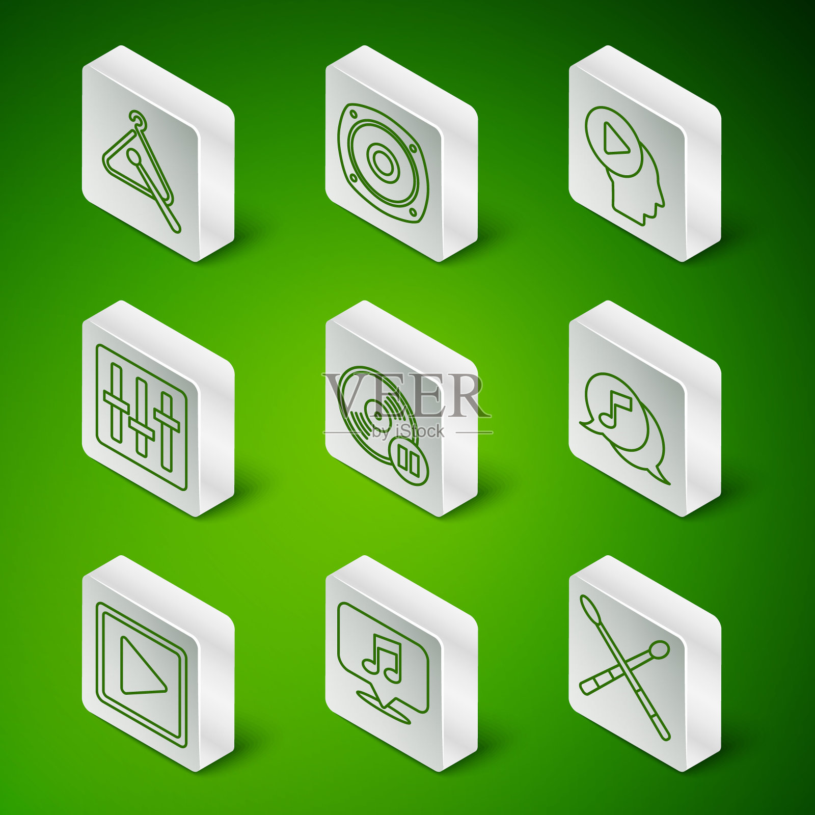 设置线鼓棒，音符在语音气泡，三角形乐器，黑胶唱片，混音控制器，立体声扬声器，播放广场和图标。向量图标素材