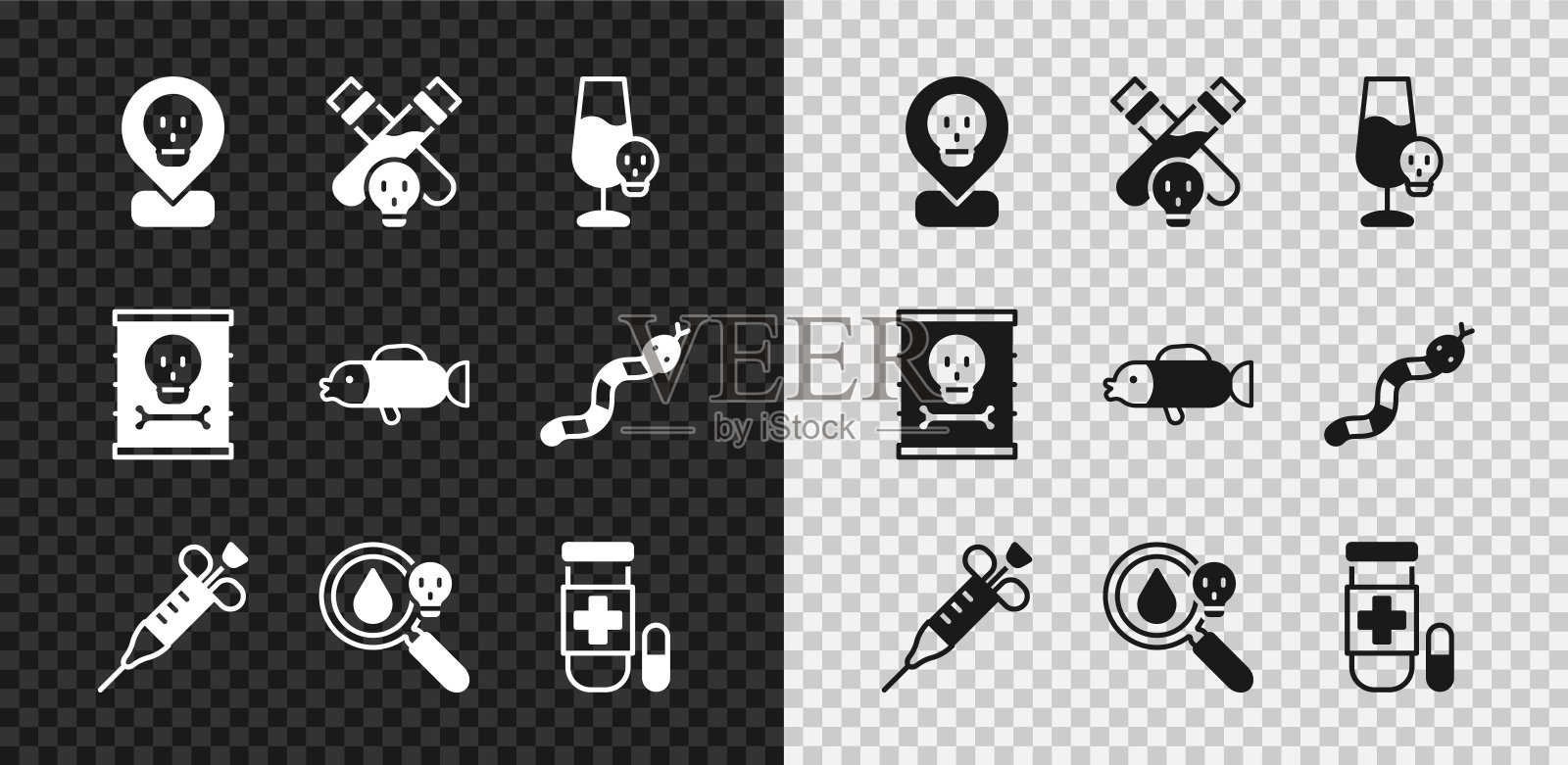 集放射性的位置，瓶子与药水，有毒的酒精，注射器，放大镜，解毒剂，废物桶和河豚鱼图标。向量图标素材