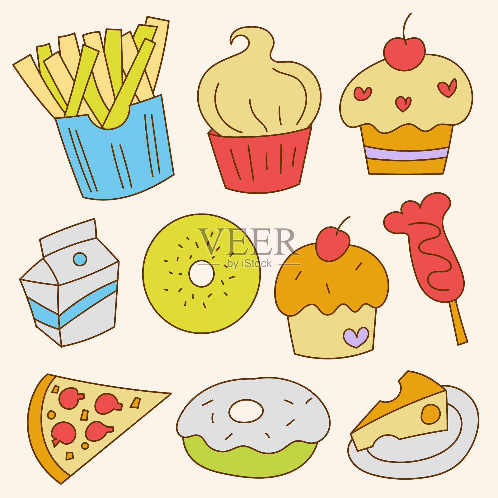 一套大孤立的手绘涂鸦装饰儿童概念，彩色平面矢量插图插画图片素材