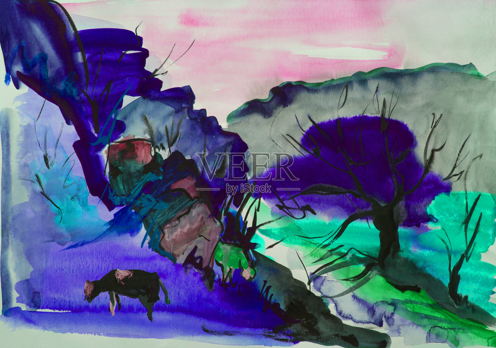 用水彩画的风景，山坡上的草和树，牧场放牧奶牛对傍晚的天空插画图片素材