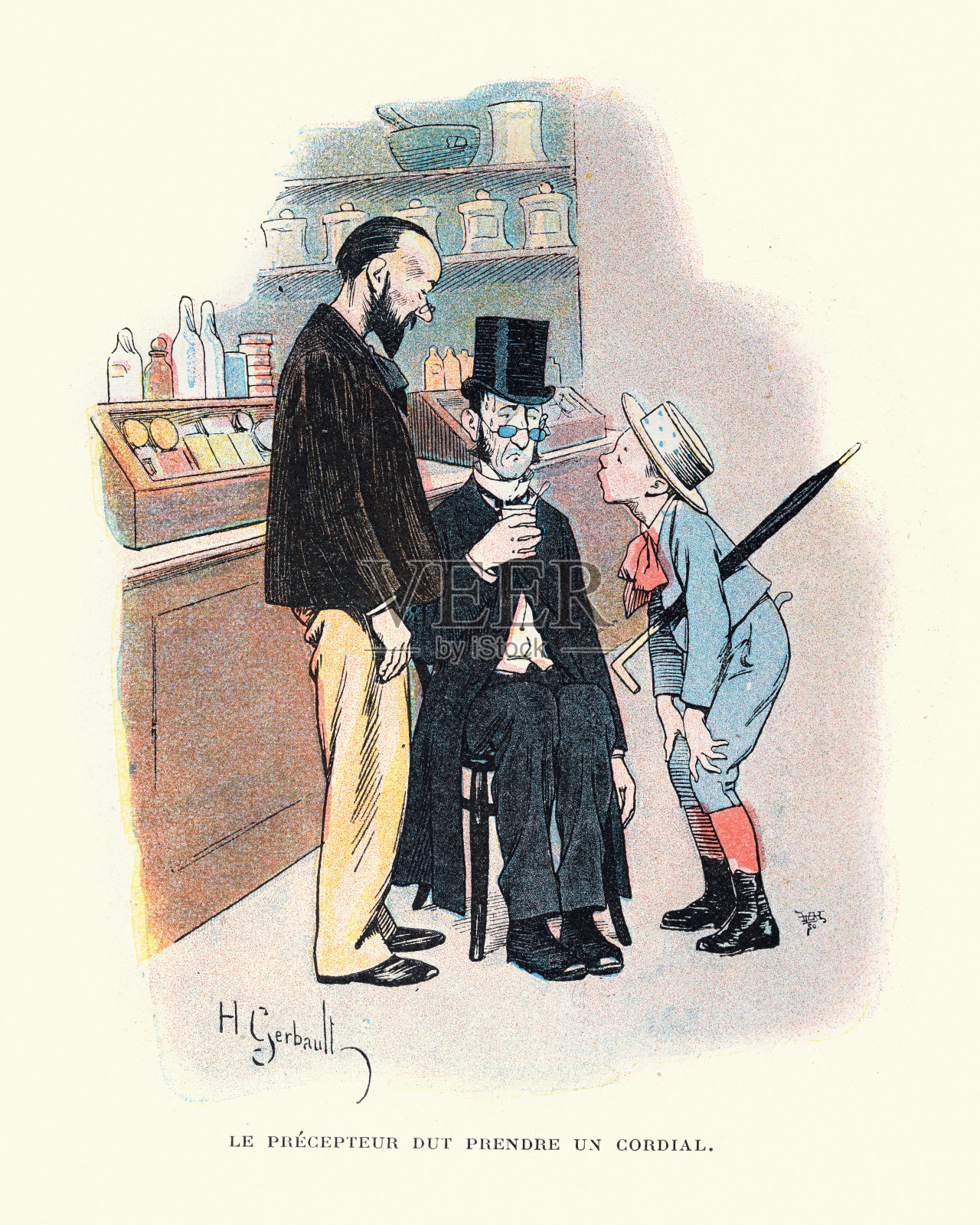 维多利亚时代，面容憔悴的男子在喝一杯饮料插画图片素材