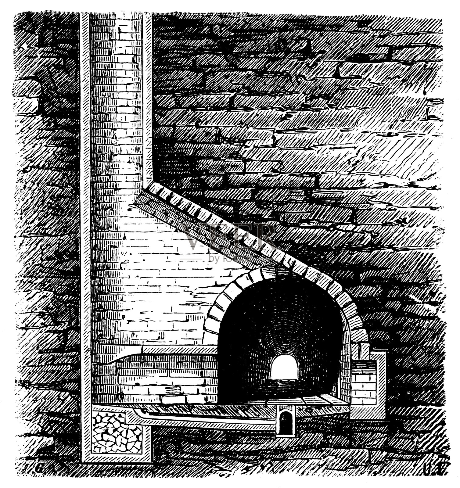 科学发现、实验和发明的古董插图:铁路建设隧道插画图片素材