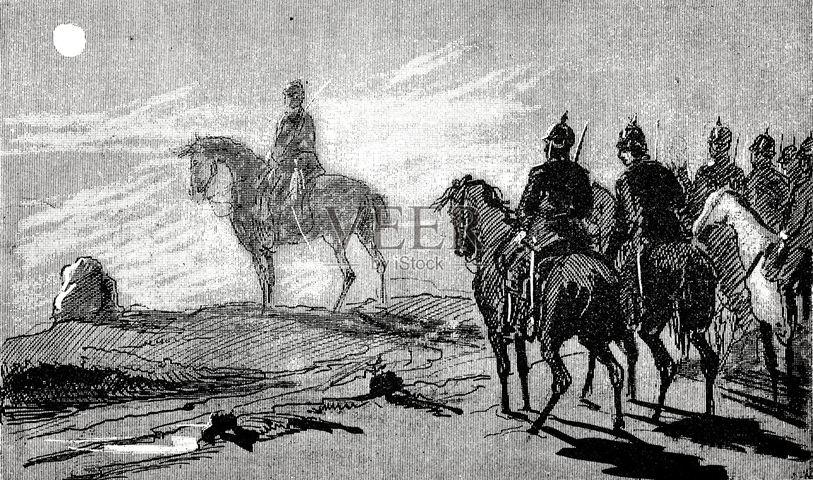 月光下，士兵们坐在马背上哀悼阵亡士兵的坟墓插画图片素材