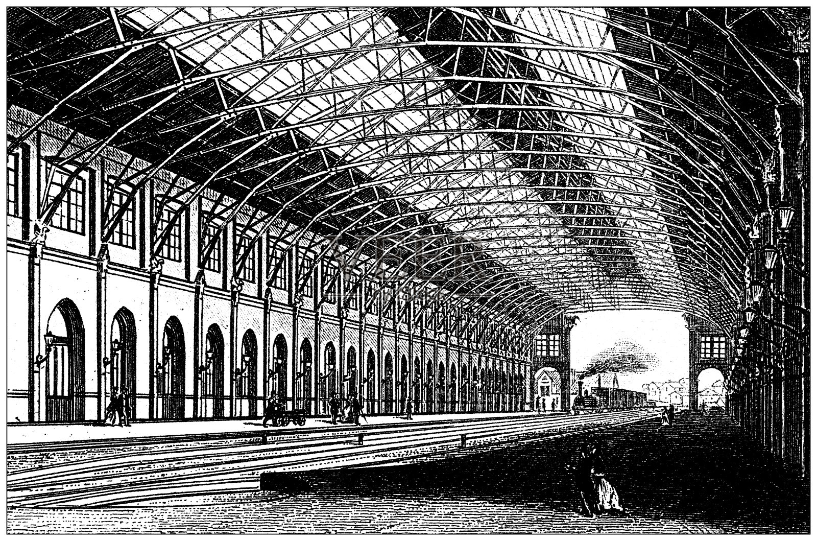 仿古雕刻插画、工程技术:火车站插画图片素材