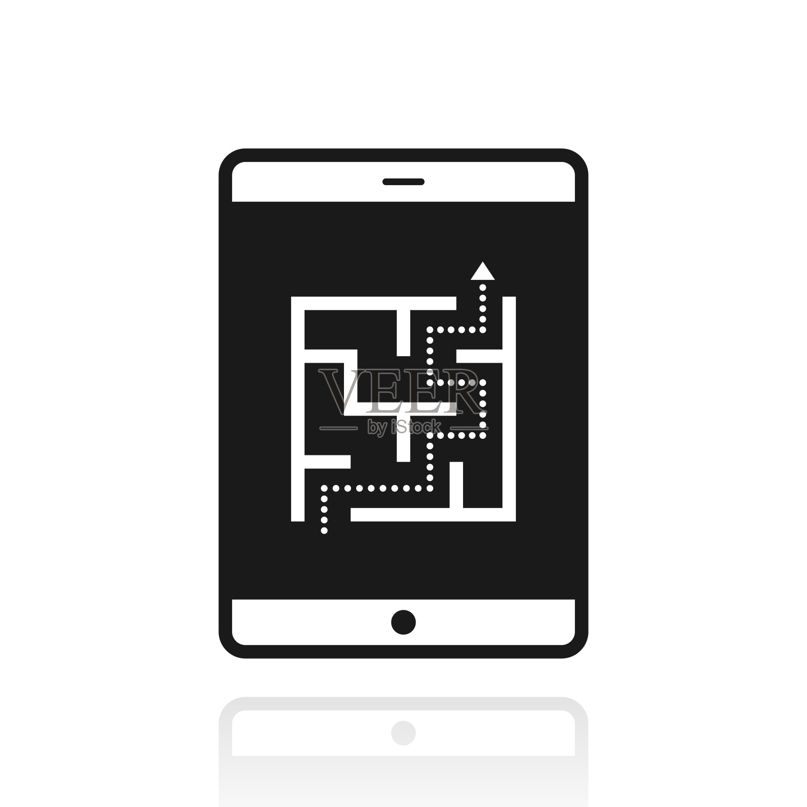 平板电脑与迷宫。白色背景上反射的图标插画图片素材