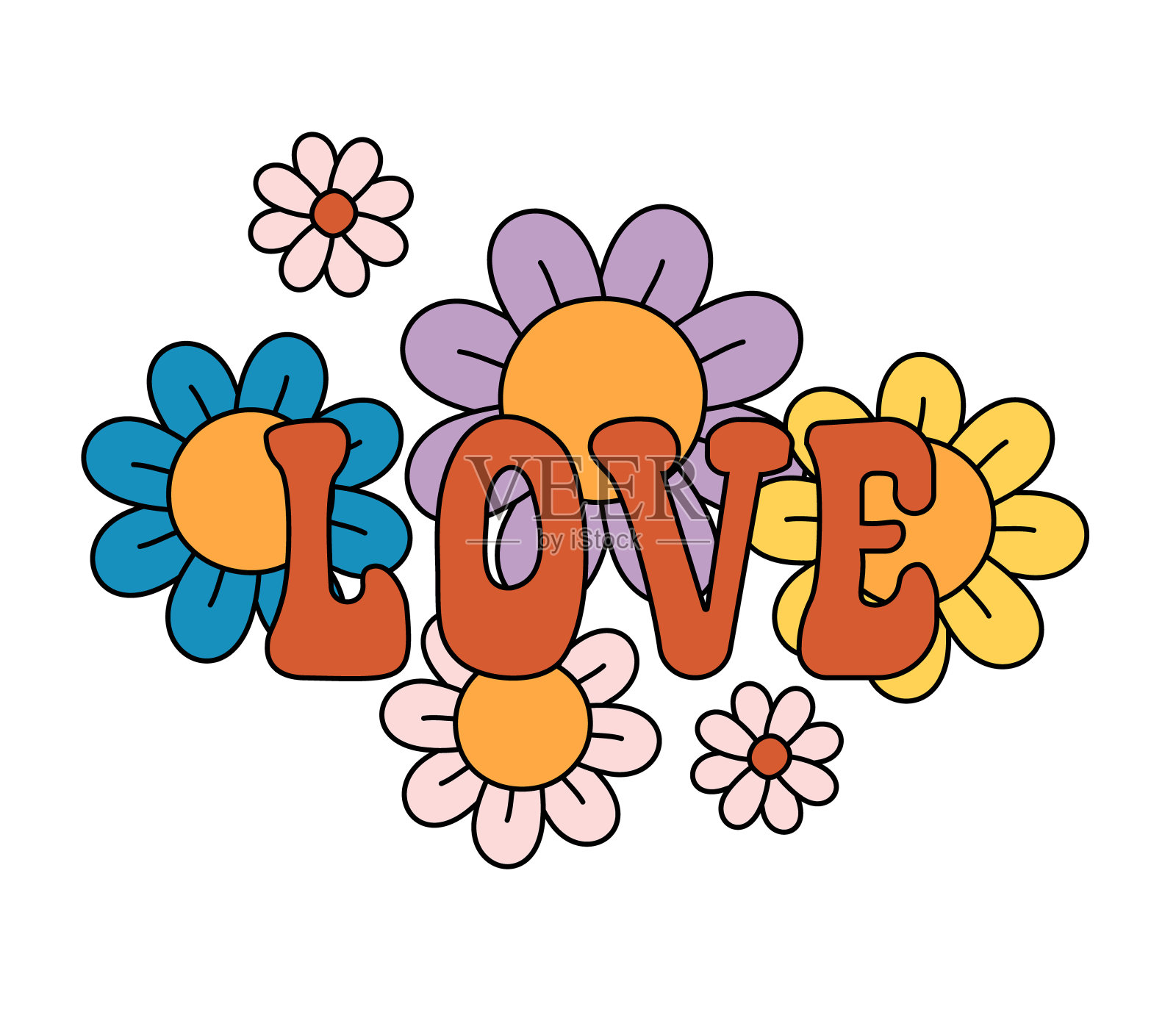 矢量复古groovy与花的爱的字母插画图片素材