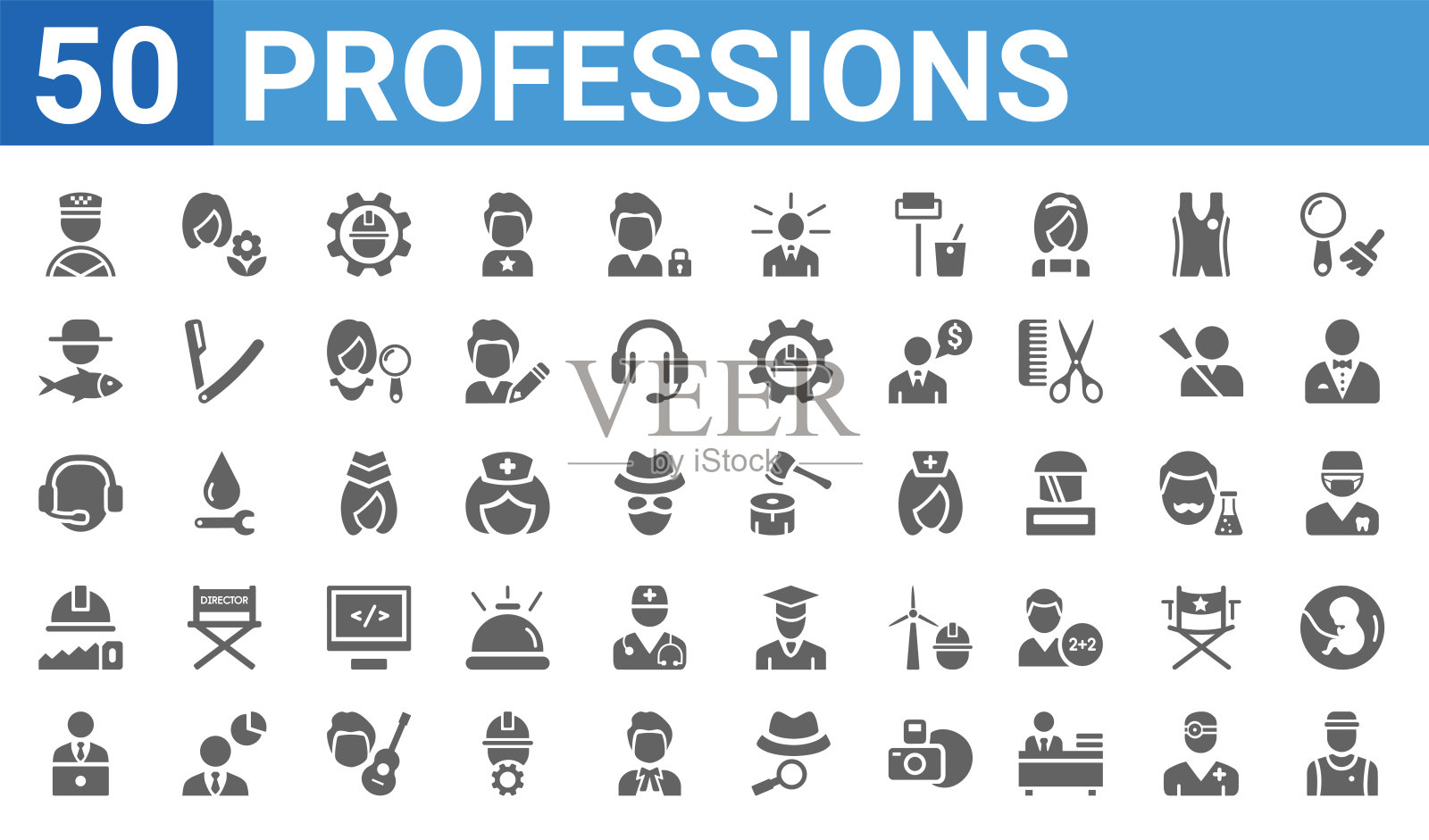 一组50个职业的网页图标。填充字形图标，如运动员，出租车司机，it经理，木匠，电话推销员，渔夫，花店，伐木工人。矢量图插画图片素材