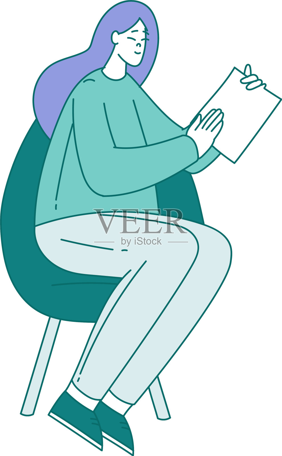 微笑的年轻女子坐在椅子上与白色设计元素图片