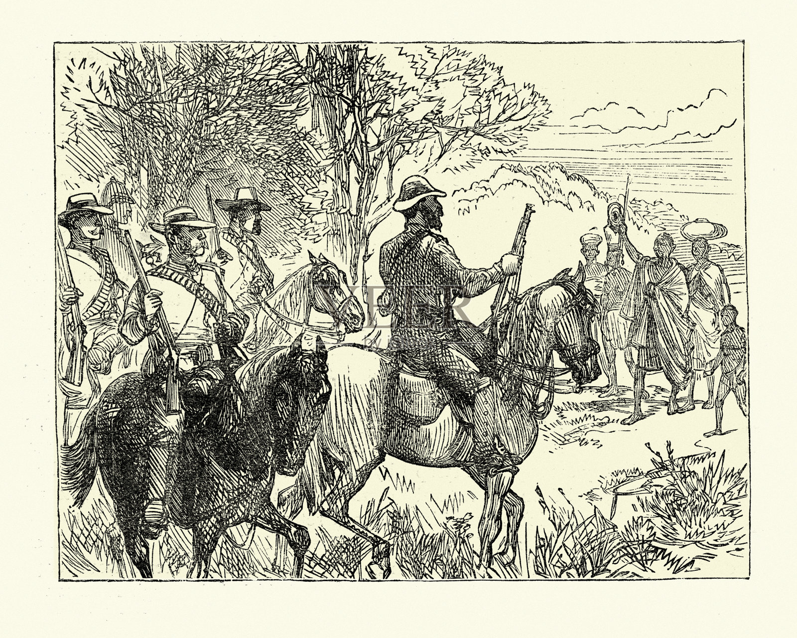 布尔志愿者与一位忠诚的非洲部落成员及其家人会面插画图片素材