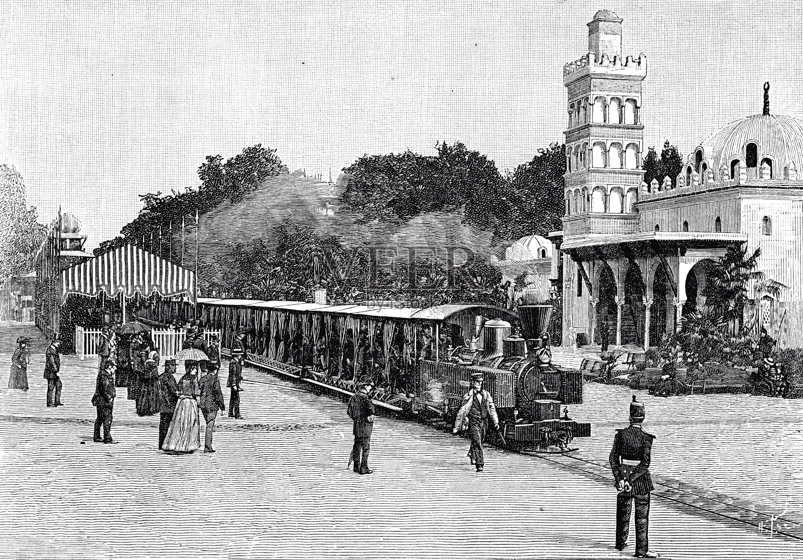 德高维尔窄轨铁路，荣军院广场，1889年世界博览会插画图片素材