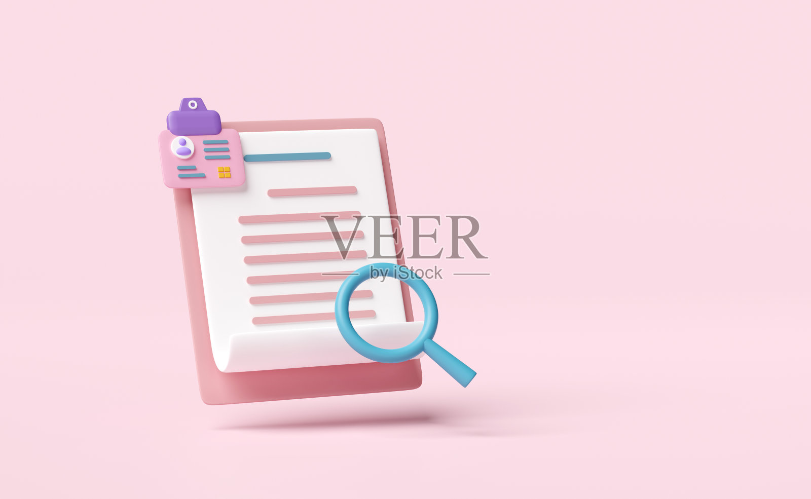 3d身份证与放大镜，检查表纸，剪贴板隔离在粉红色的背景。招聘人员，人力资源，求职，求职概念，3d渲染插画插画图片素材